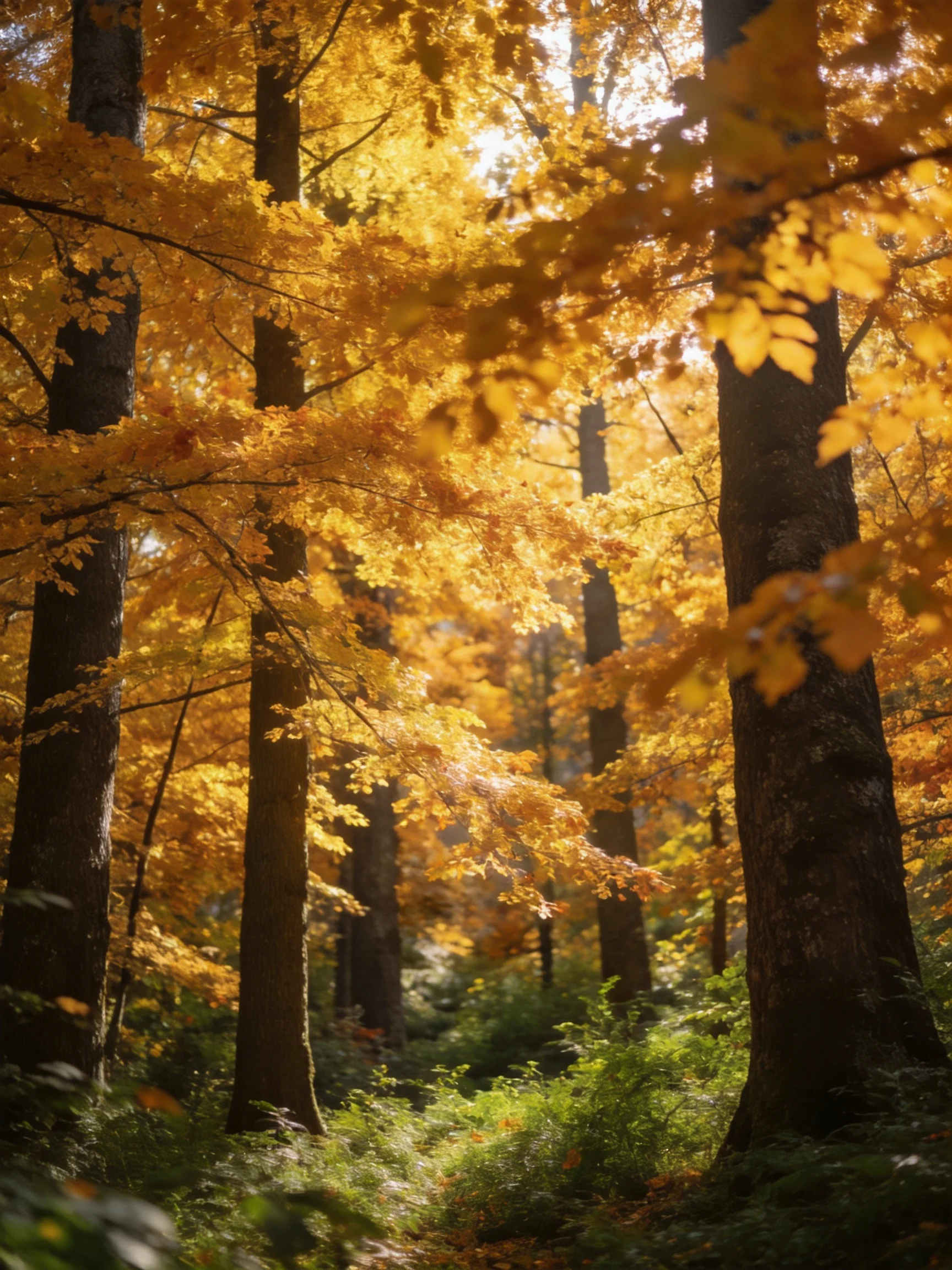 Golden Autumn Forest with Sunlight Filtering Through Foliage