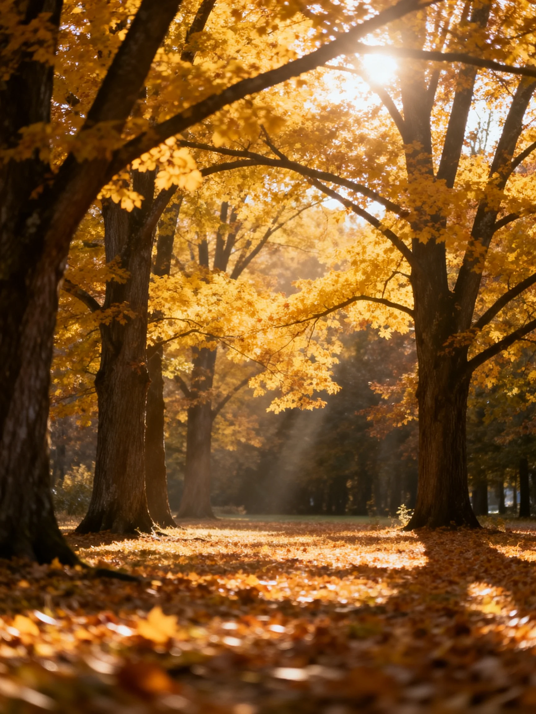 Golden Autumn Forest with Sunlight Filtering Through Trees