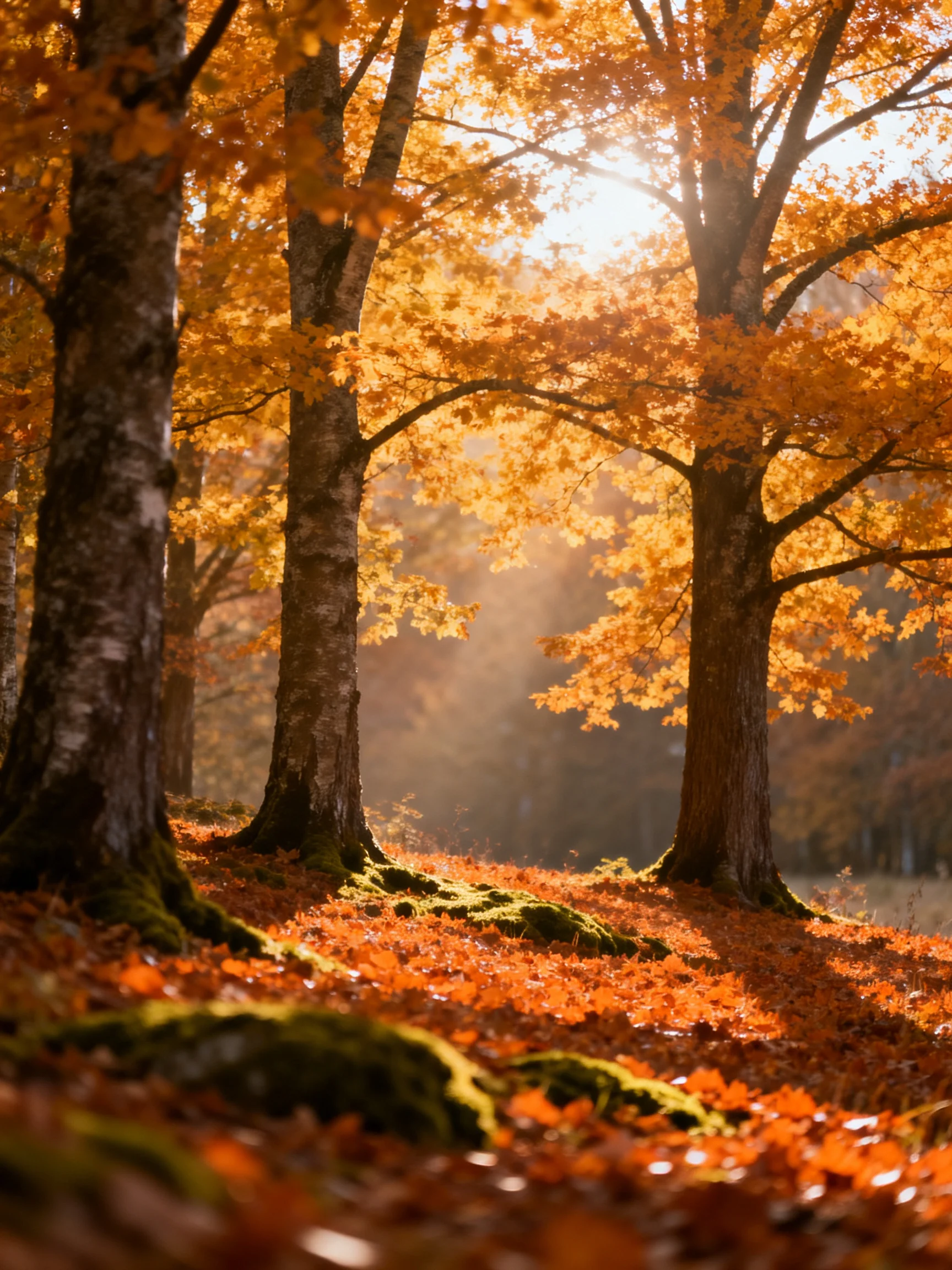 Golden Autumn Forest with Sunlight Filtering Through Trees