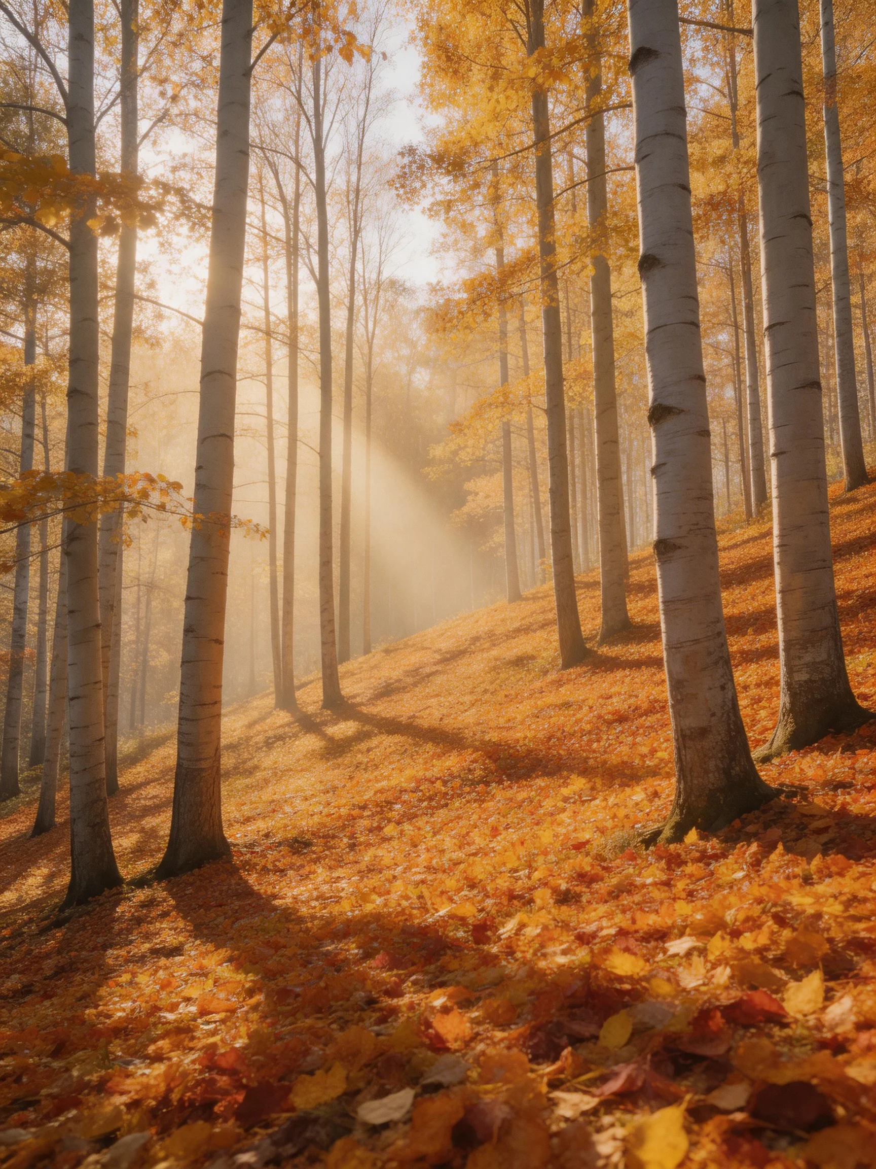 Golden Autumn Forest with Tall Birch Trees and Sunbeams