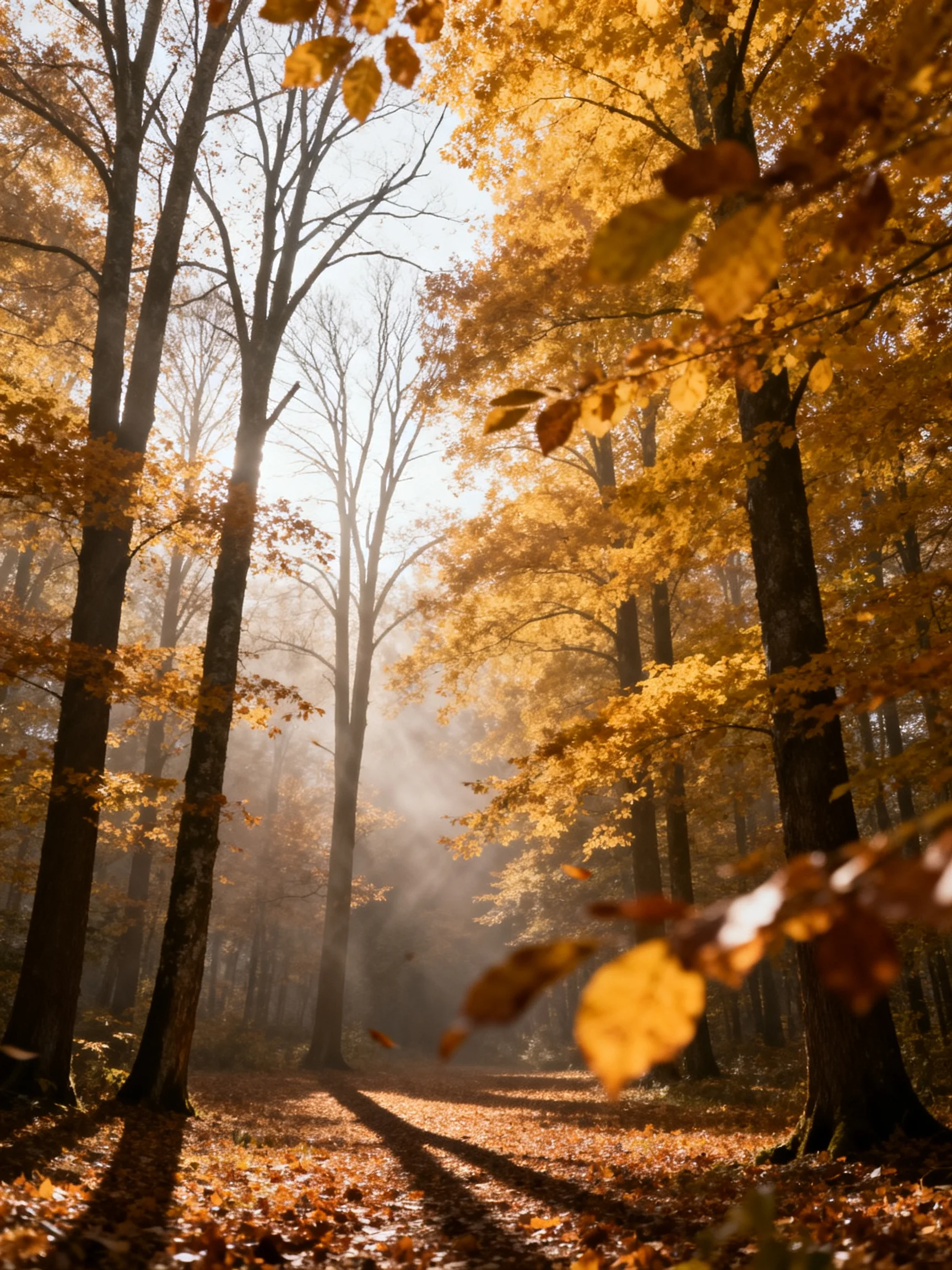 Golden Autumn Forest with Tall Trees and Misty Pathway