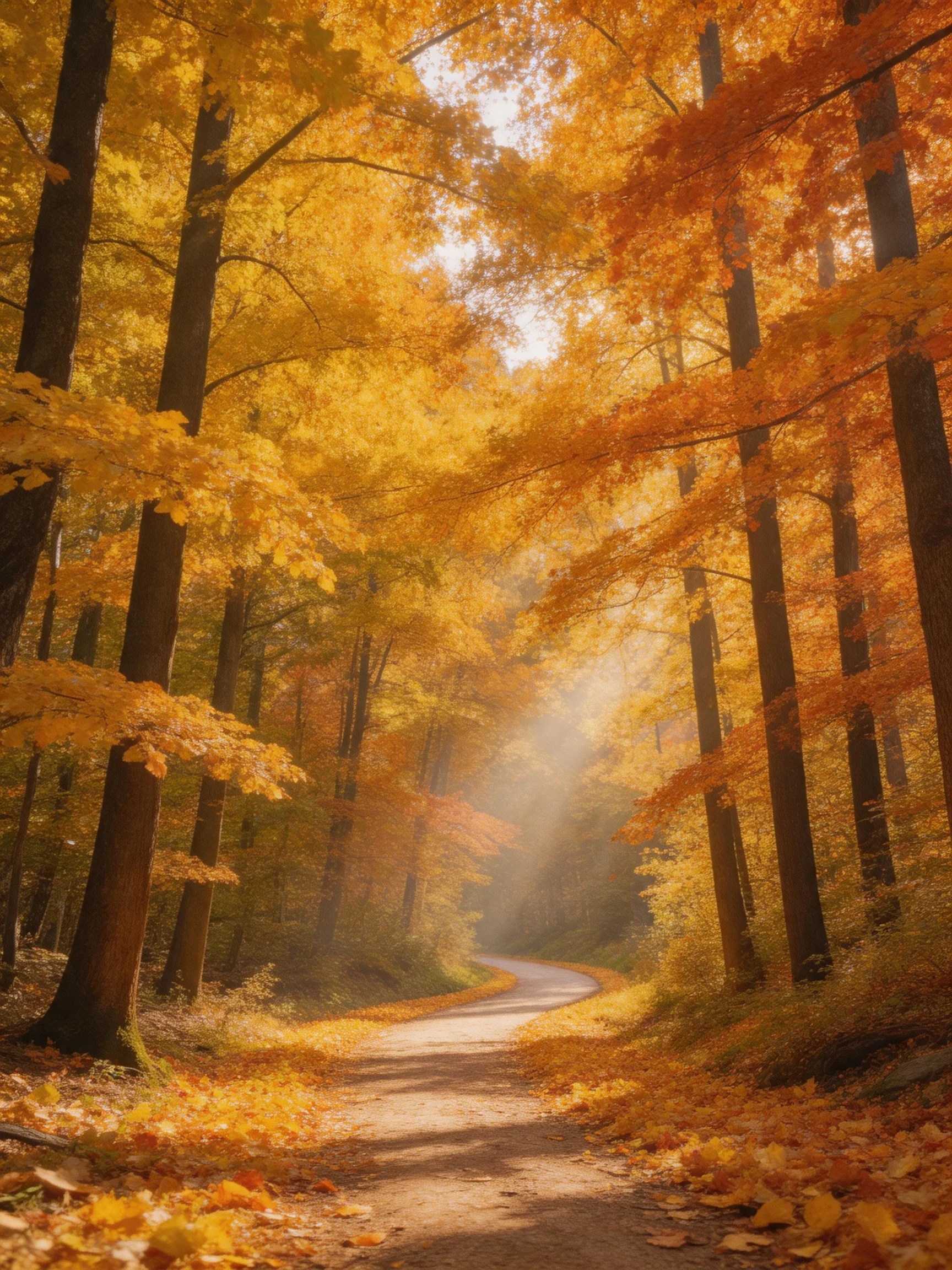 Golden Autumn Forest with Winding Dirt Path and Sunlight Filtering Through Trees