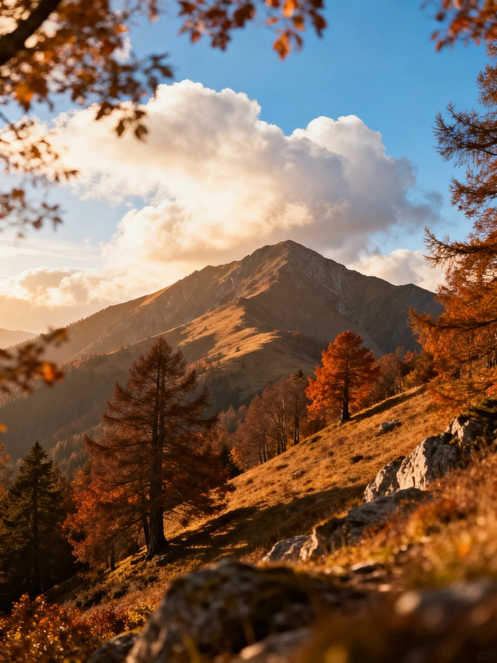 Golden Autumn Hills with Majestic Mountain Peak