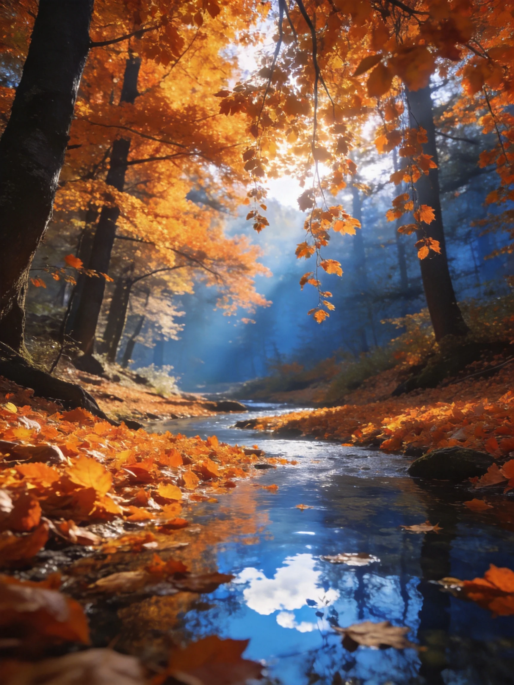 Golden Autumn Leaves Along a Sunlit Forest Stream