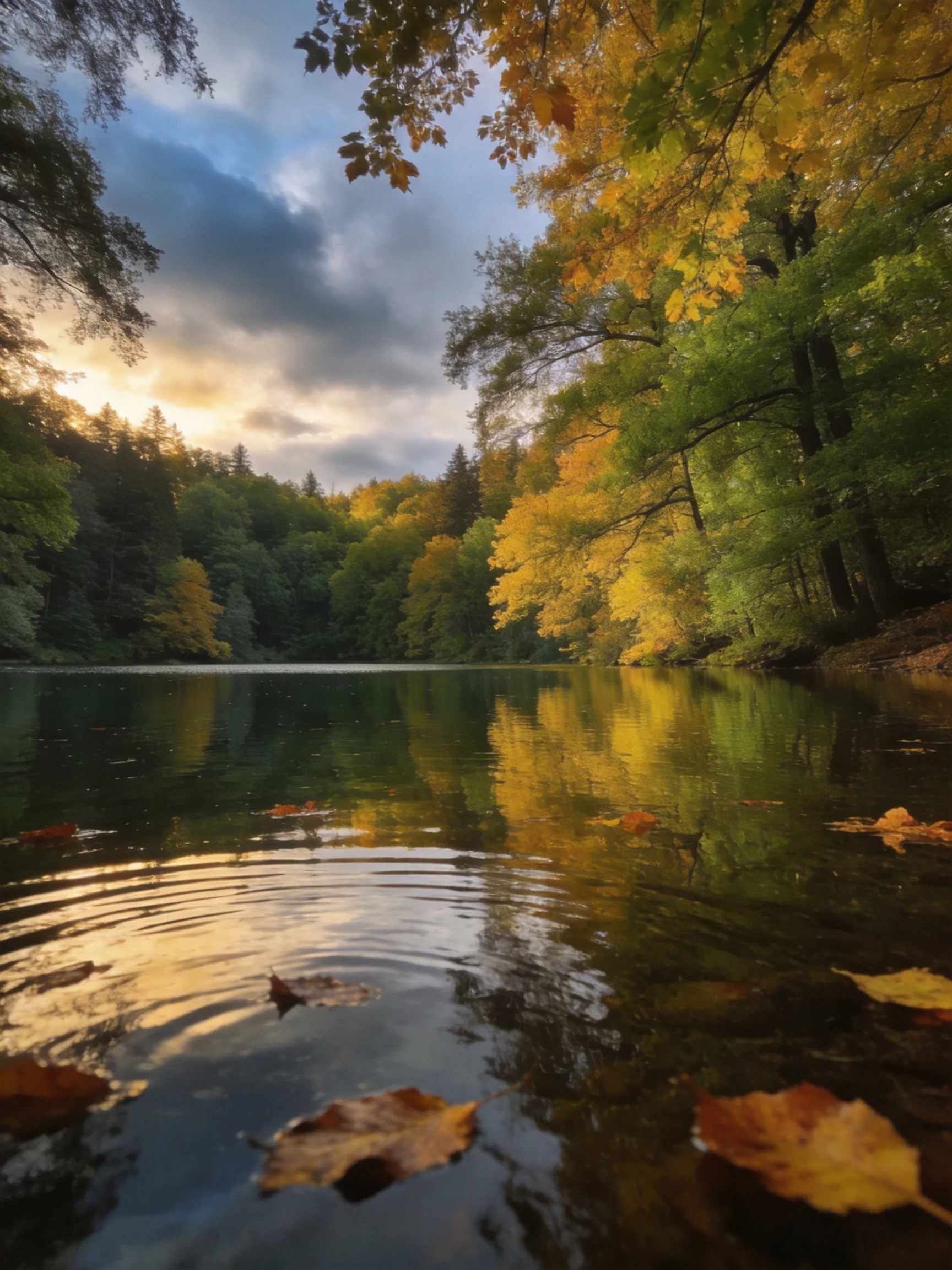 Golden Autumn Leaves Float on a Peaceful Forest River