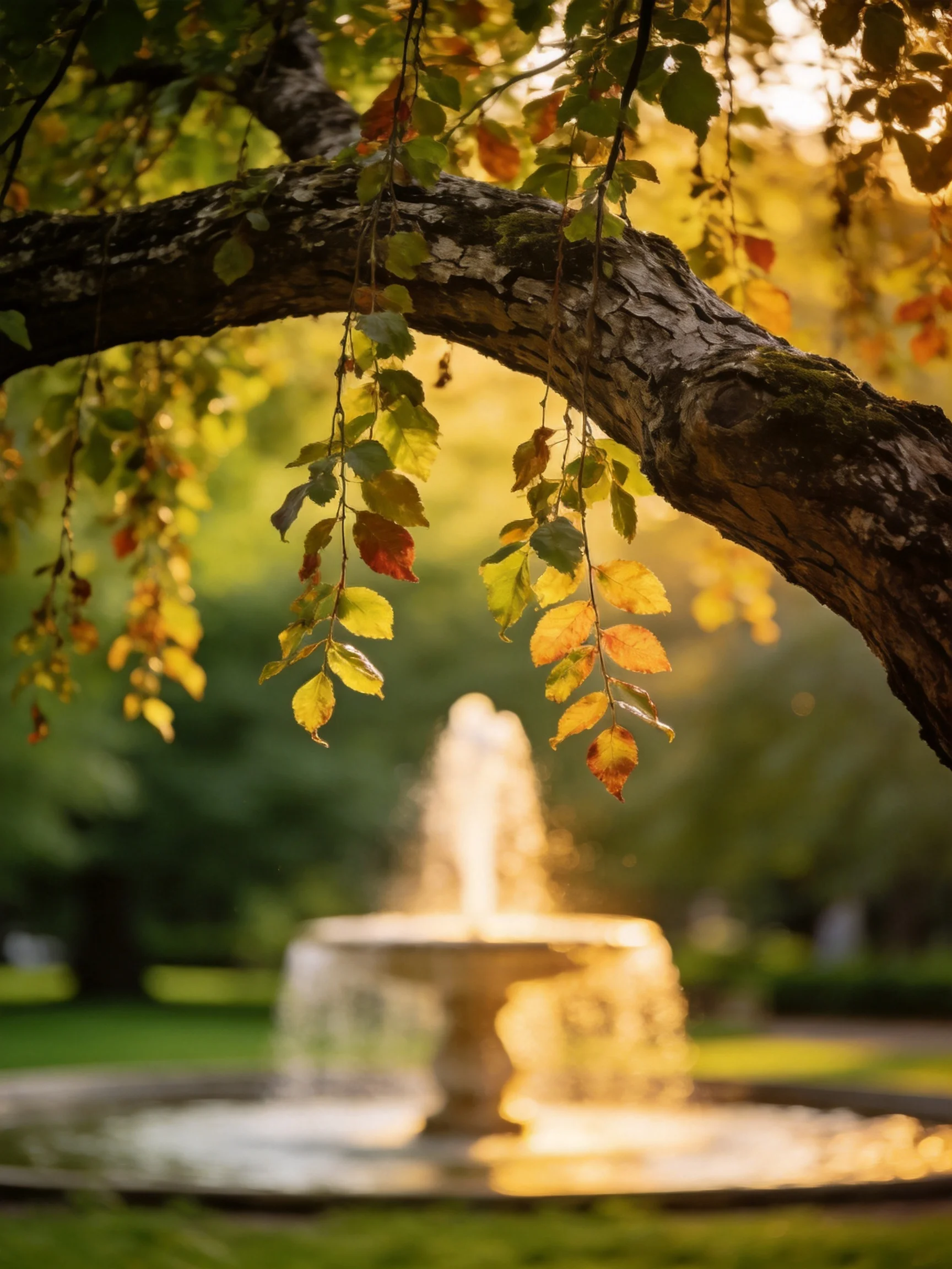 Golden Autumn Leaves Hang From a Twisted Tree Branch Near a Glowing Fountain