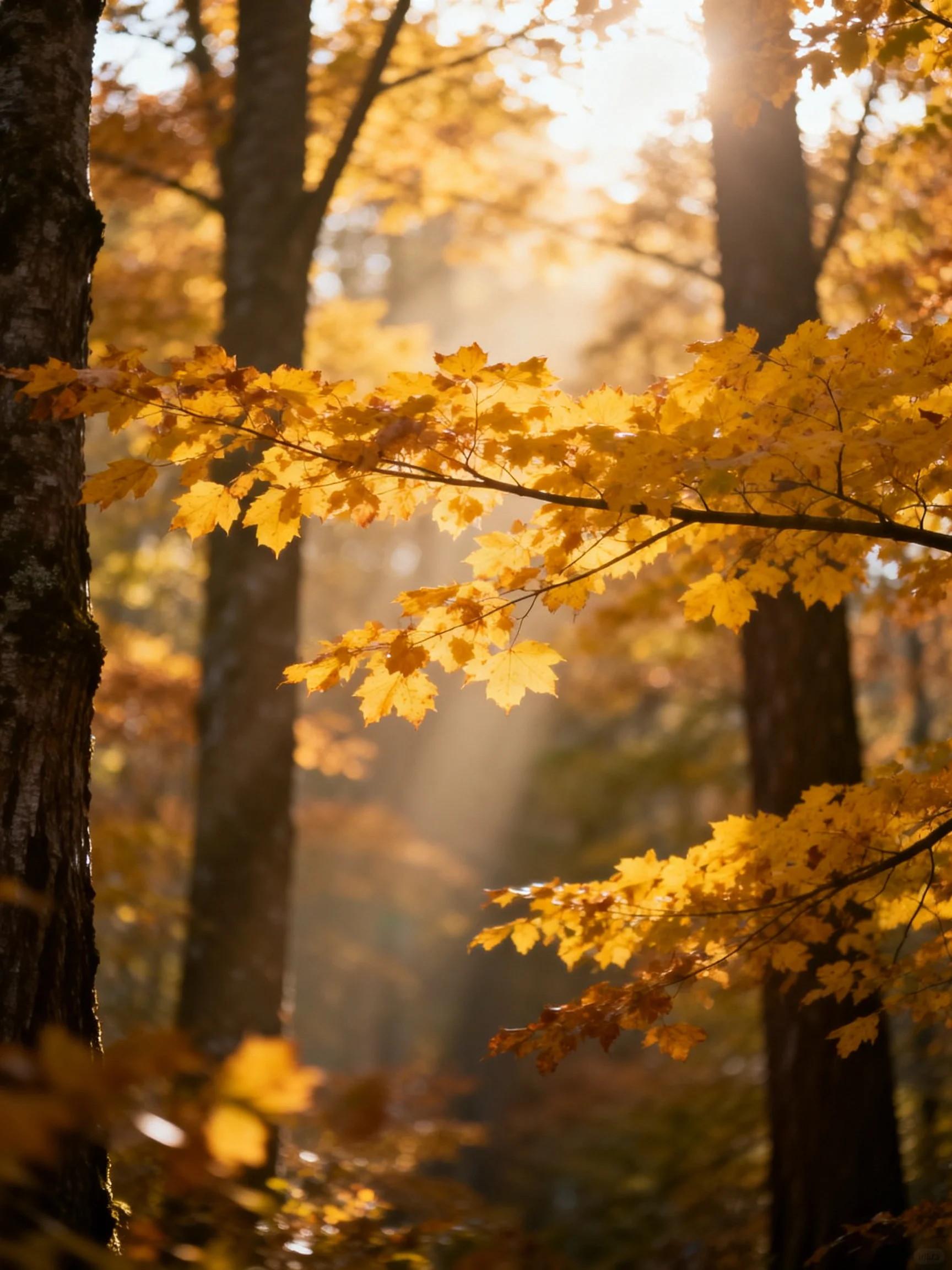 Golden Autumn Leaves Illuminated by Sunlight in Dense Forest