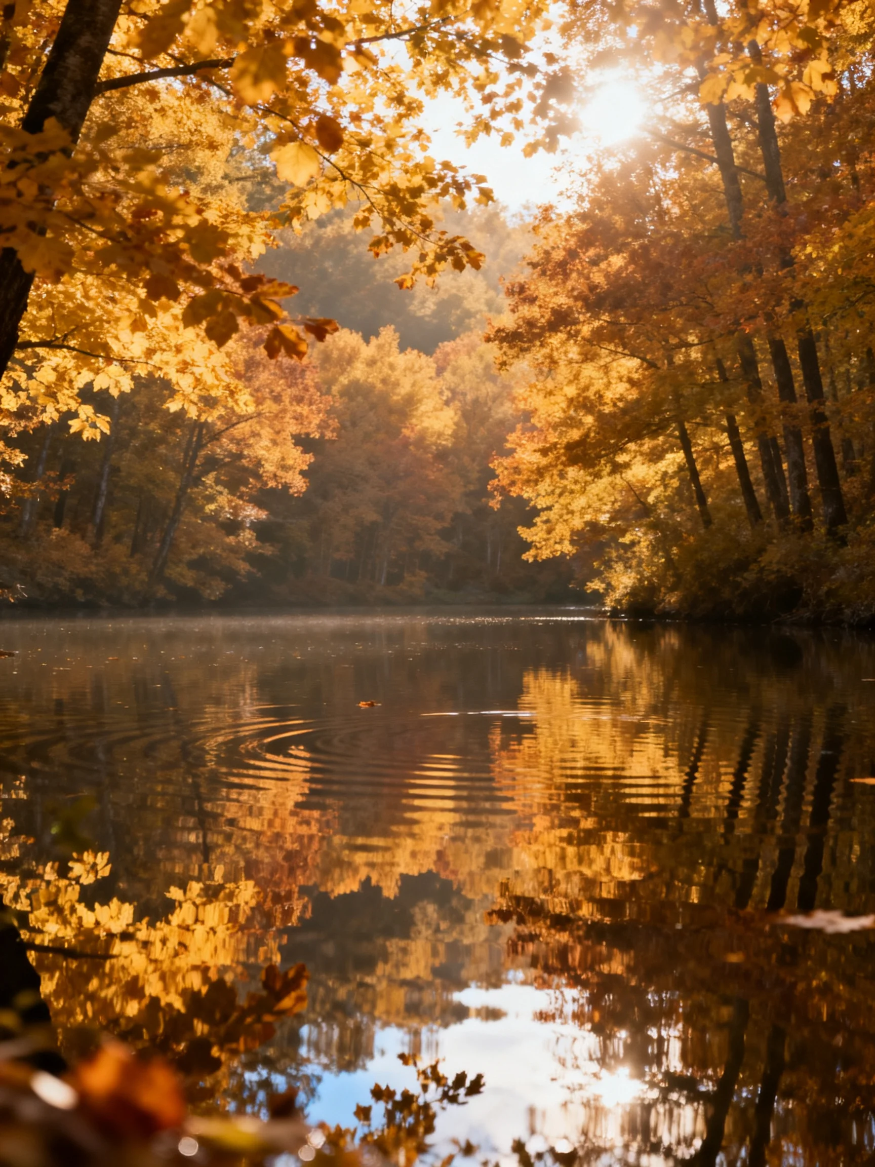 Golden Autumn Leaves Reflecting in a Calm River
