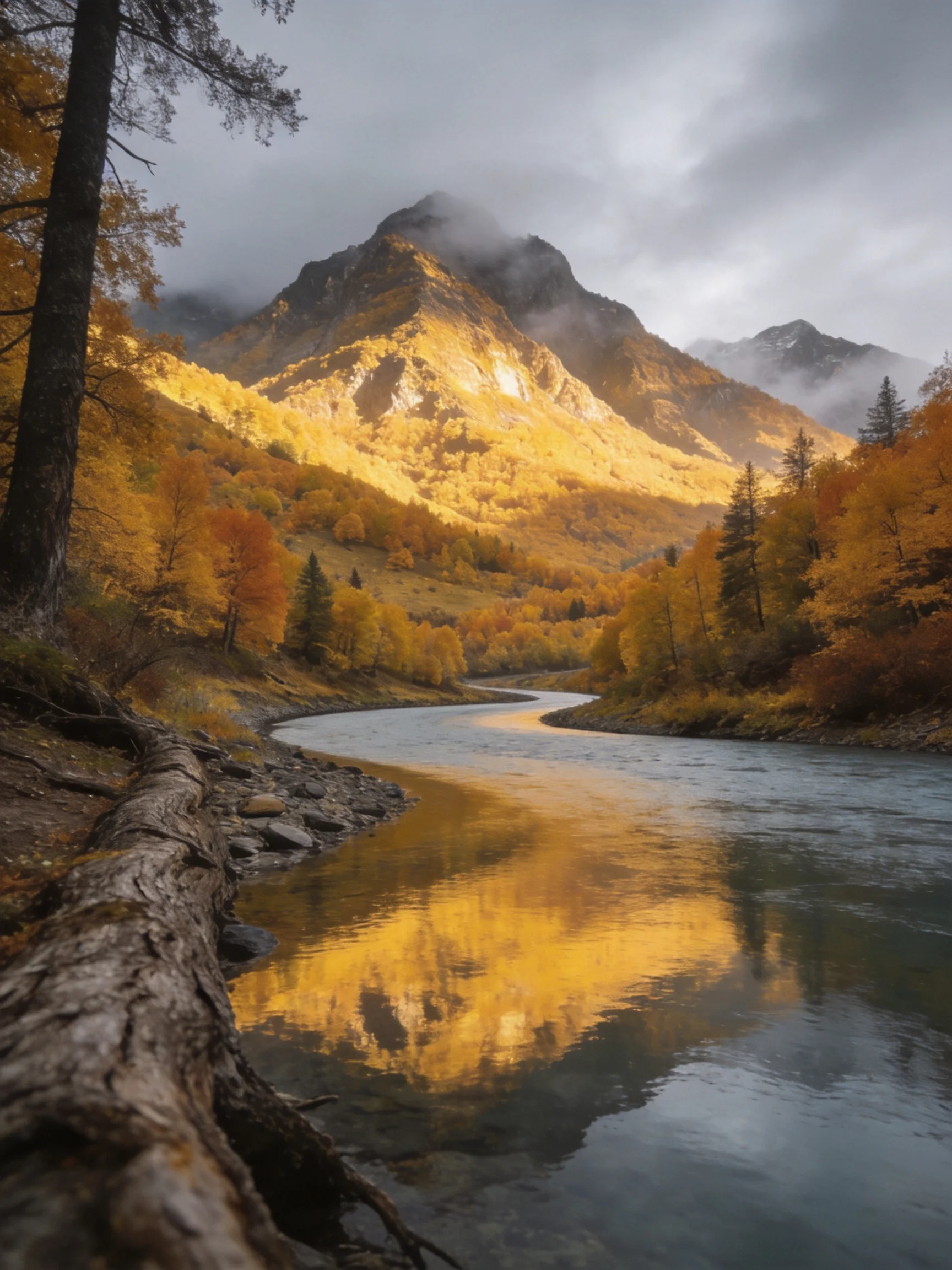 Golden Autumn Mountainside with River Reflection