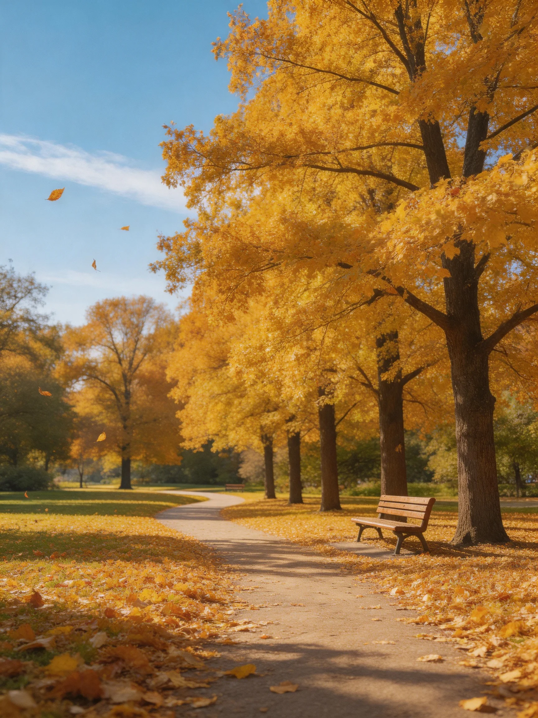 Golden Autumn Park Path with Falling Leaves and Wooden Bench