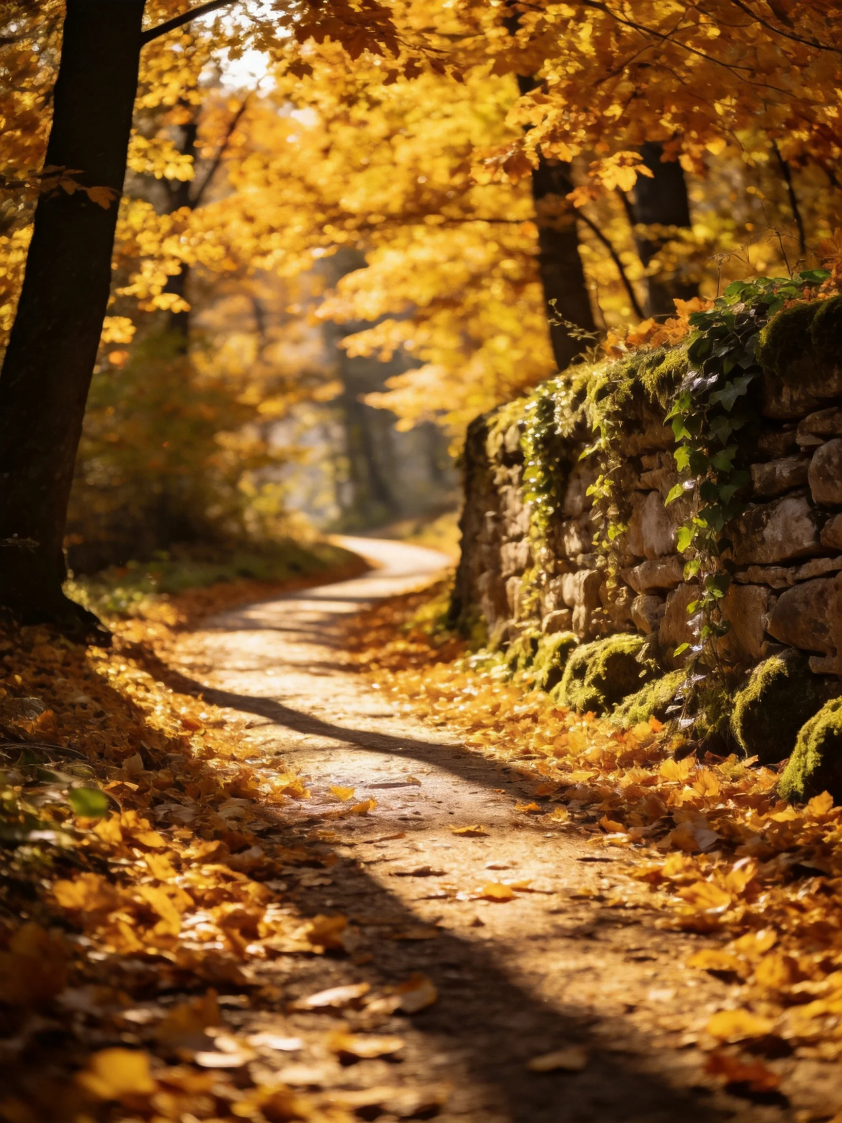 Golden Autumn Path Along Moss-Covered Stone Wall