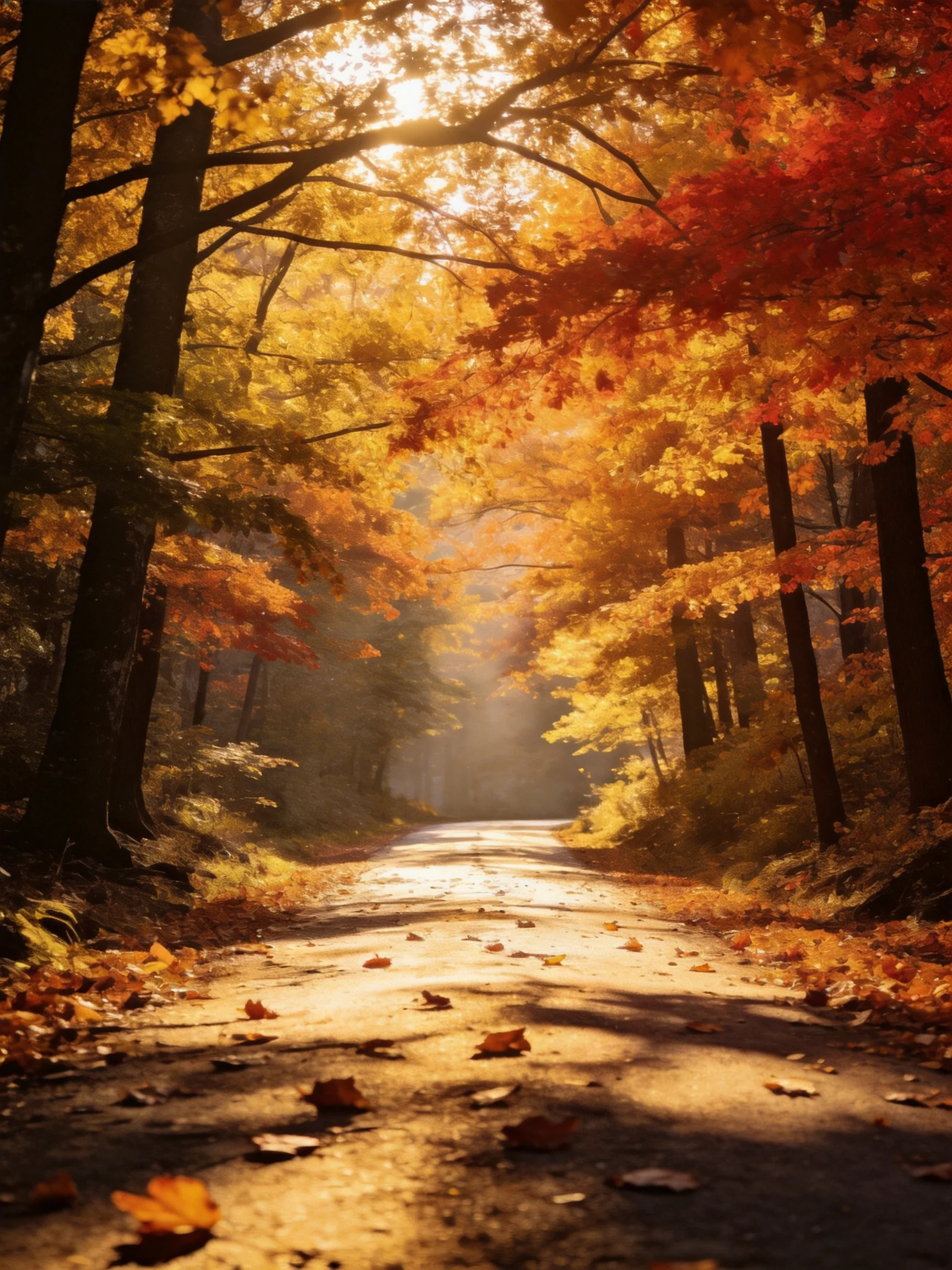 Golden Autumn Path Through Colorful Forest Canopy