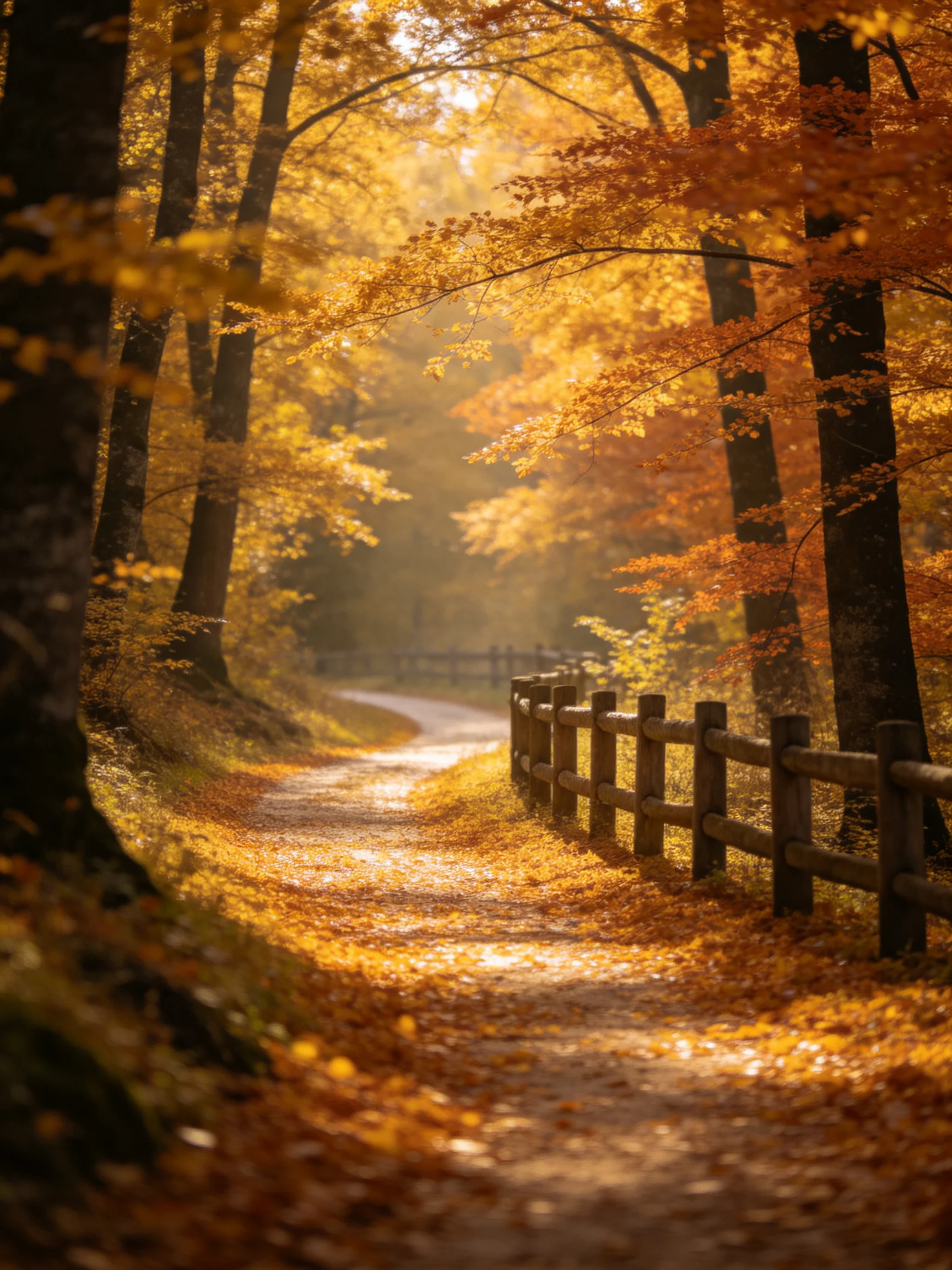 Golden Autumn Path Through Forest With Wooden Fence