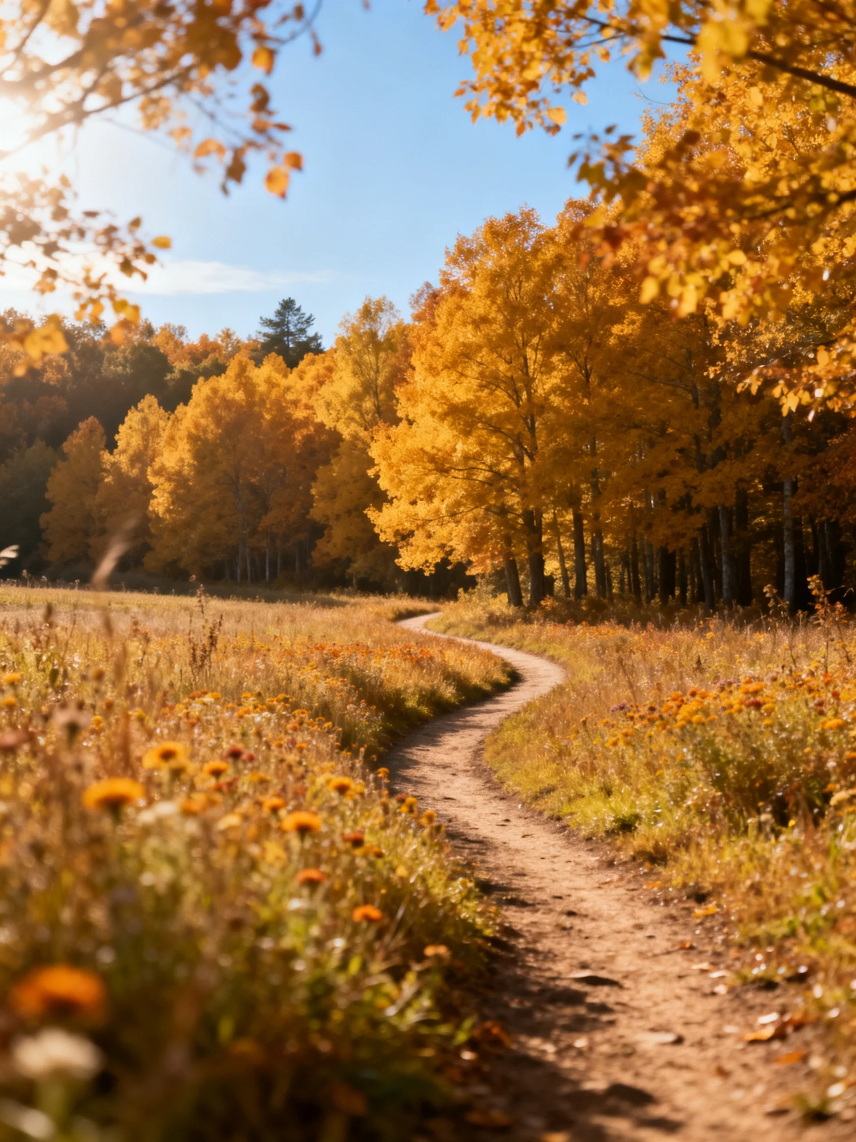 Golden Autumn Path Through Forested Field Under Bright Sunlight
