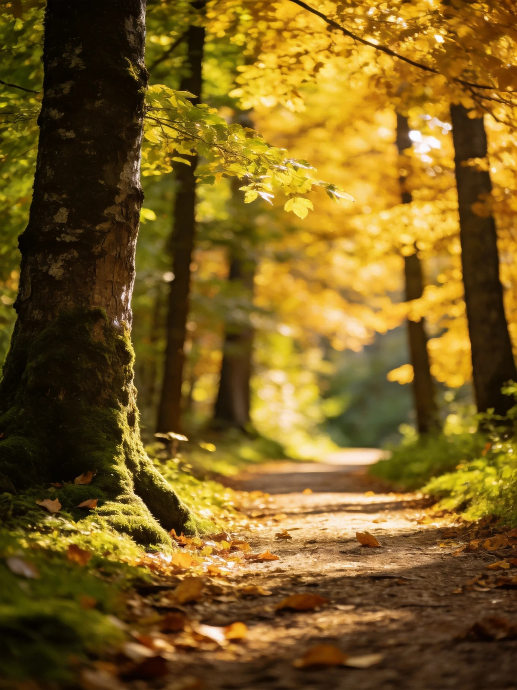 Golden Autumn Path Through Moss-Covered Forest Trees