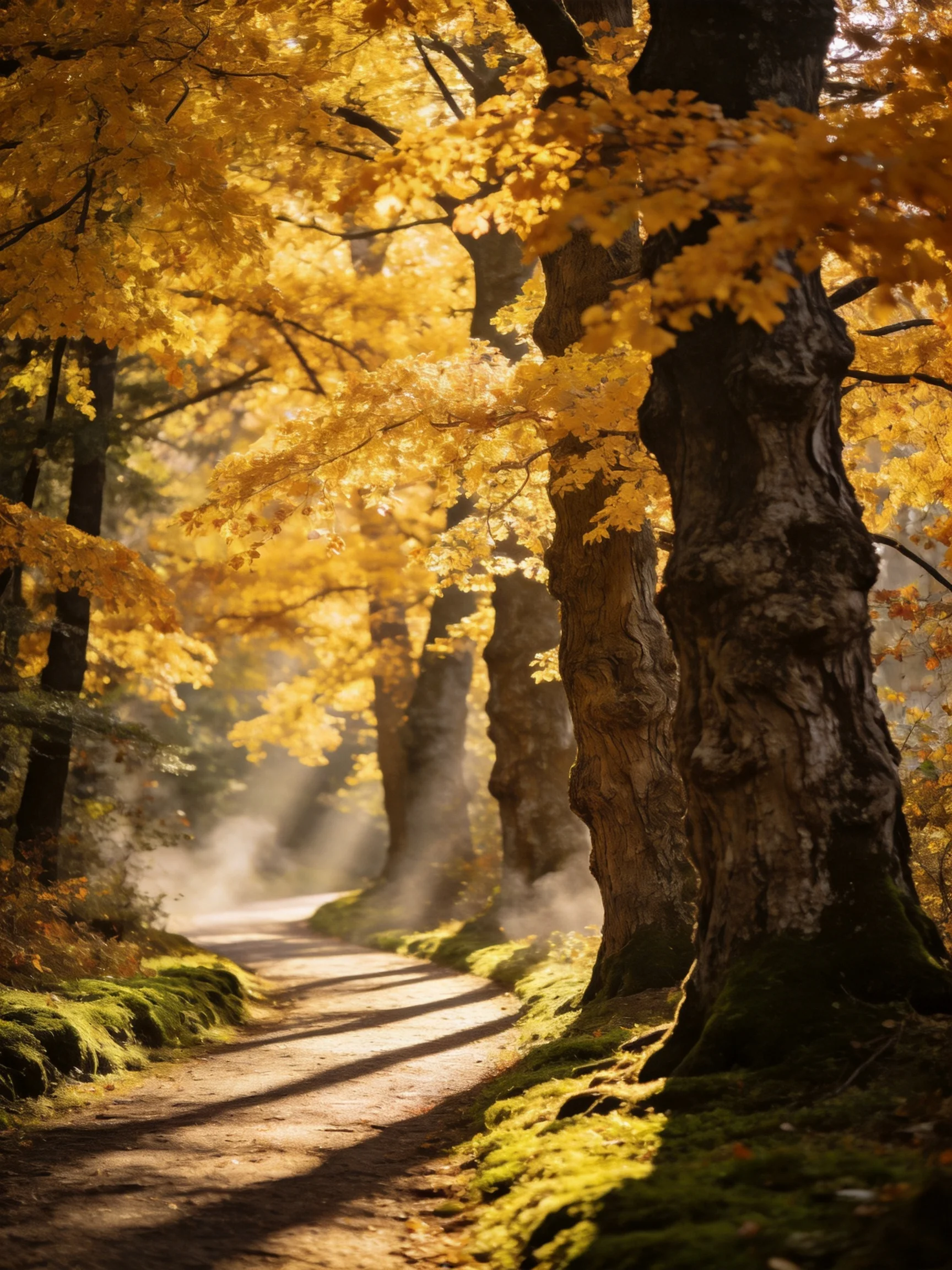 Golden Autumn Path Through Moss-Covered Trees With Sunlight