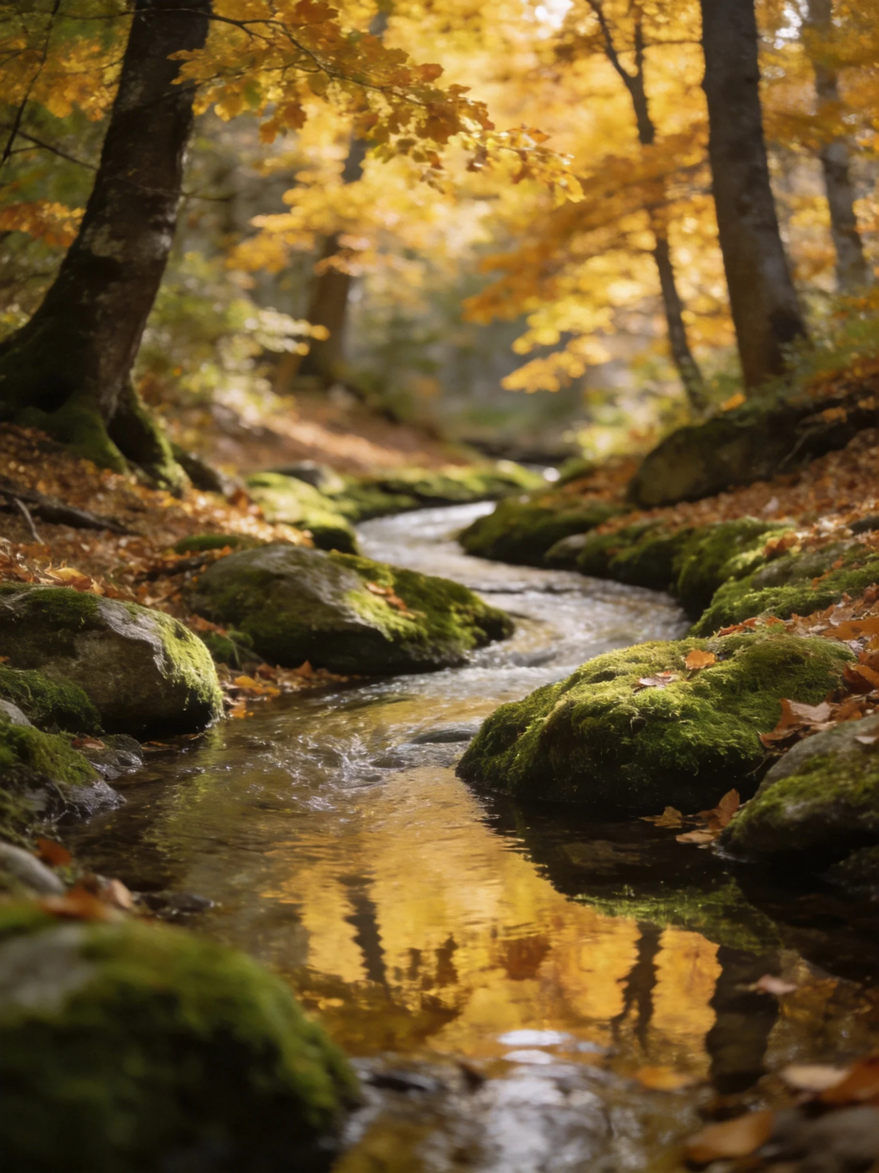 Golden Autumn Stream Through Moss-Covered Rocks and Trees