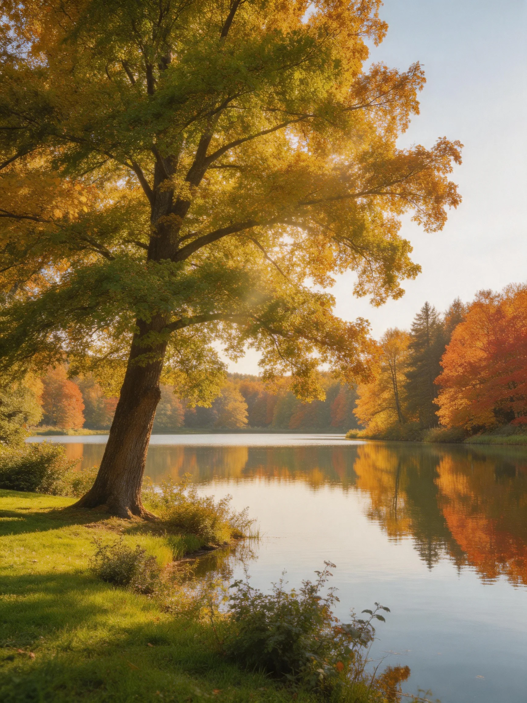 Golden Autumn Tree by Serene Lake with Colorful Reflections