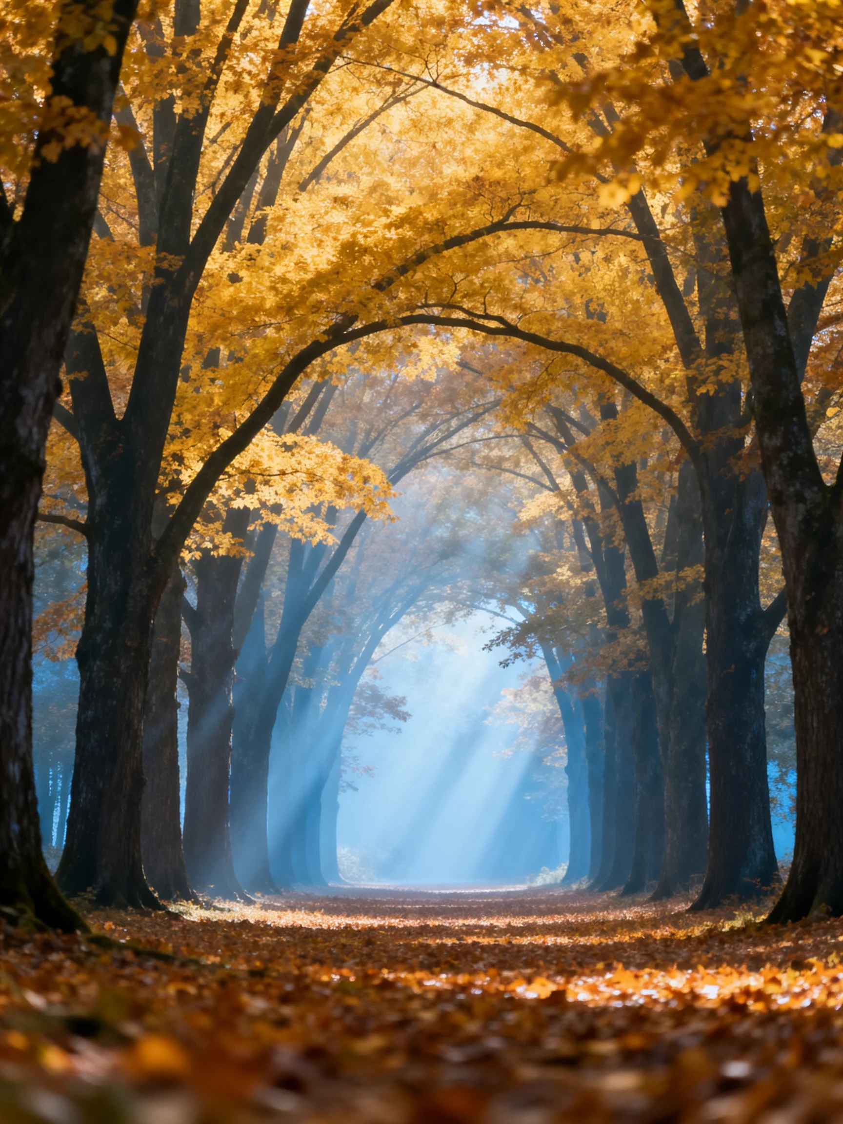Golden Autumn Trees Form a Misty Light-Filled Pathway