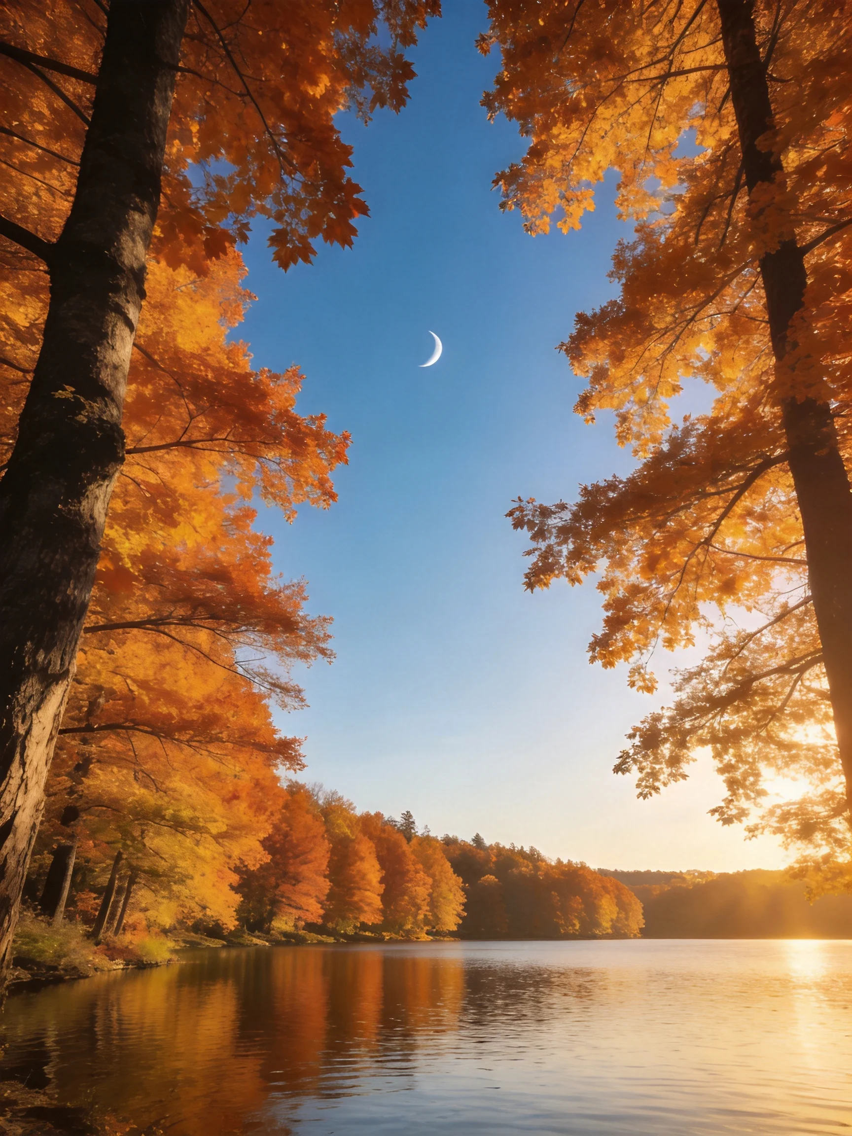 Golden Autumn Trees Frame Lake Under Crescent Moon