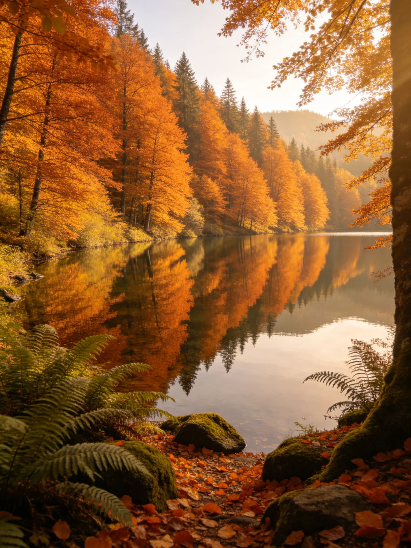 Golden Autumn Trees Reflect in Calm Lake Waters