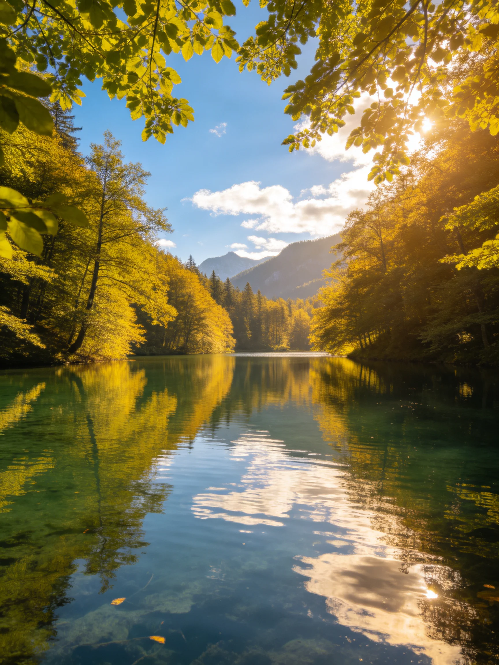 Golden Autumn Trees Reflect in Crystal Clear Lake Waters
