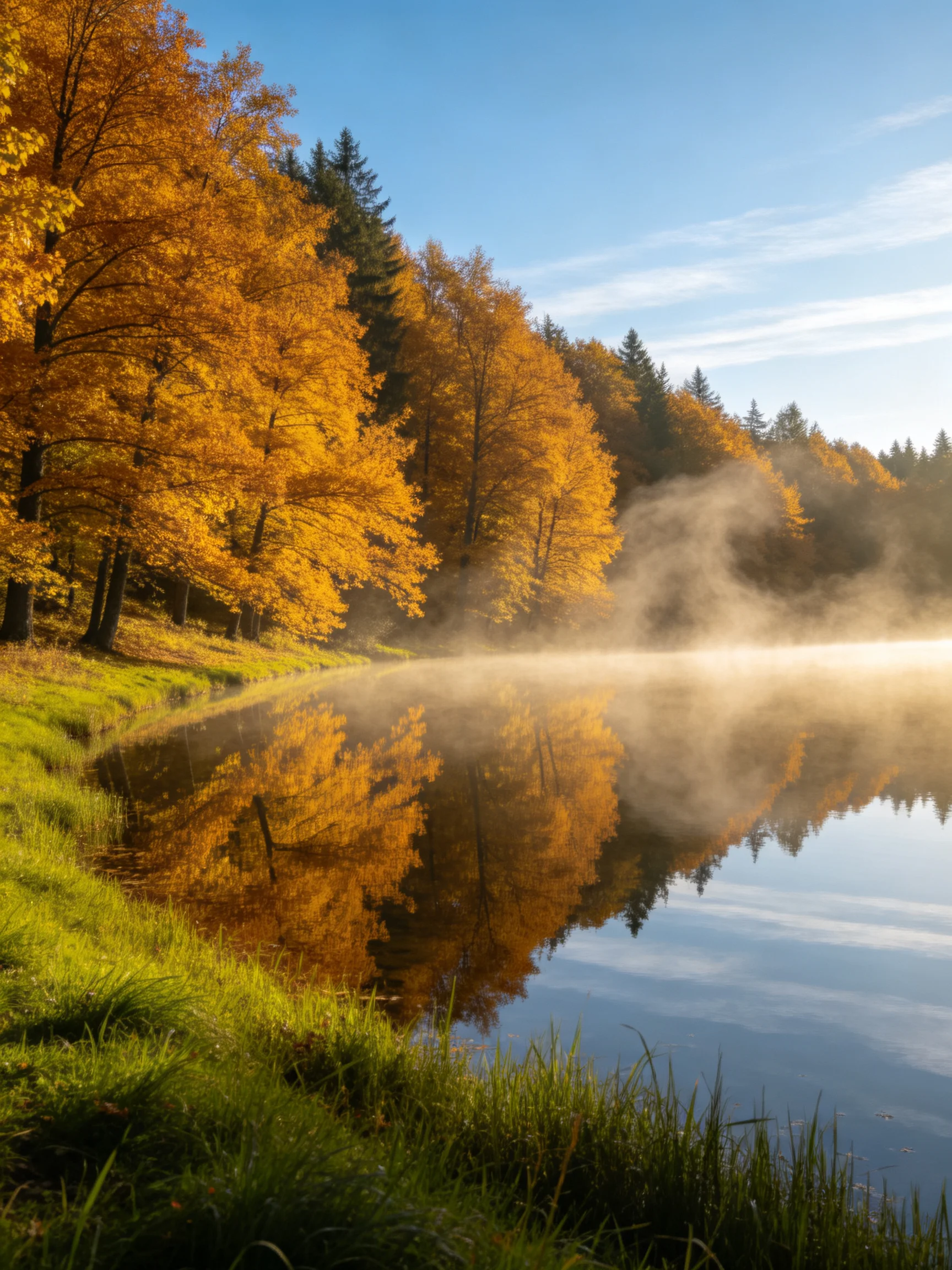 Golden Autumn Trees Reflecting in a Misty Lake