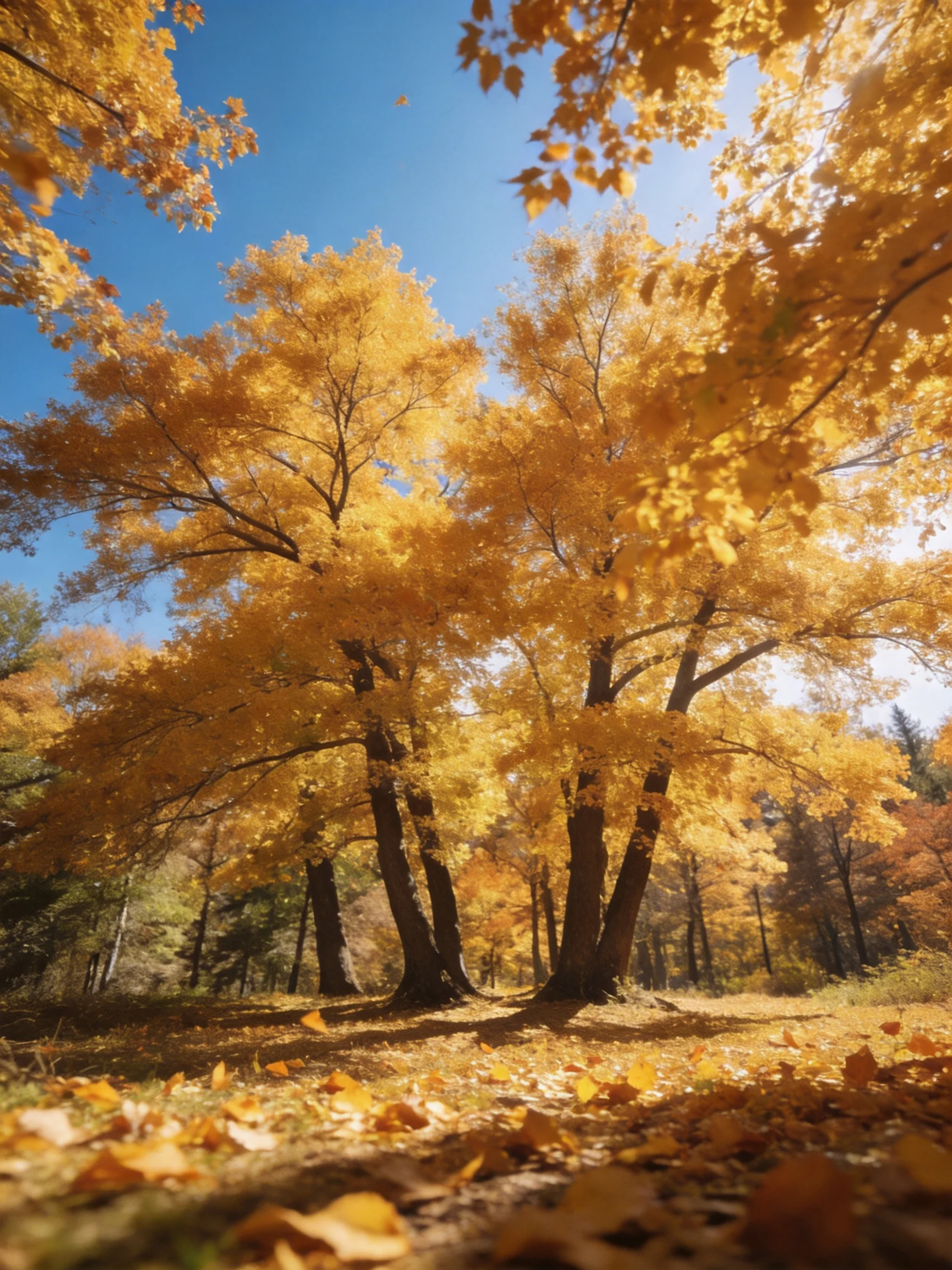 Golden Autumn Trees with Blue Sky and Fallen Leaves