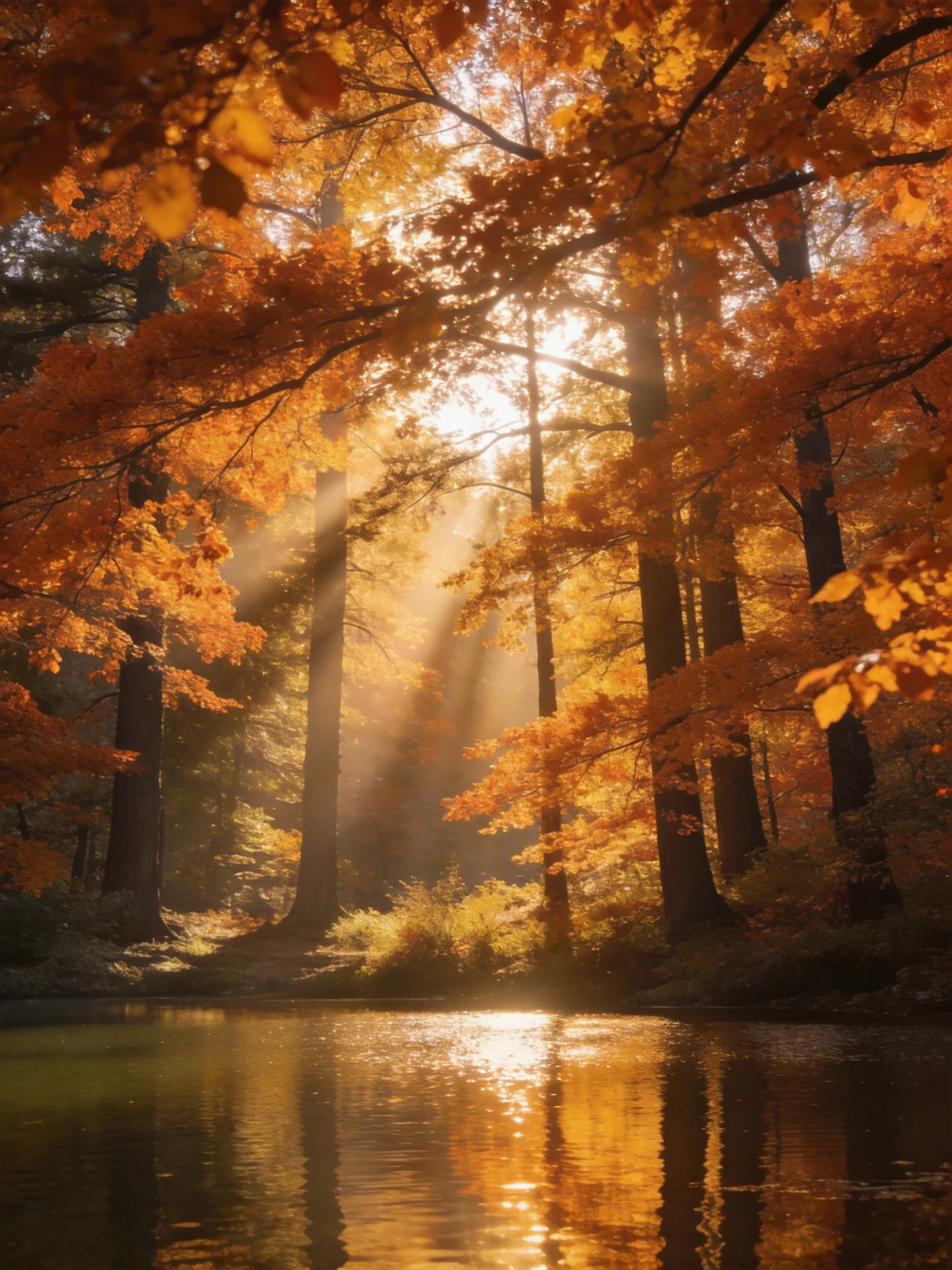 Golden Autumn Trees with Sunbeams Over Reflective Water