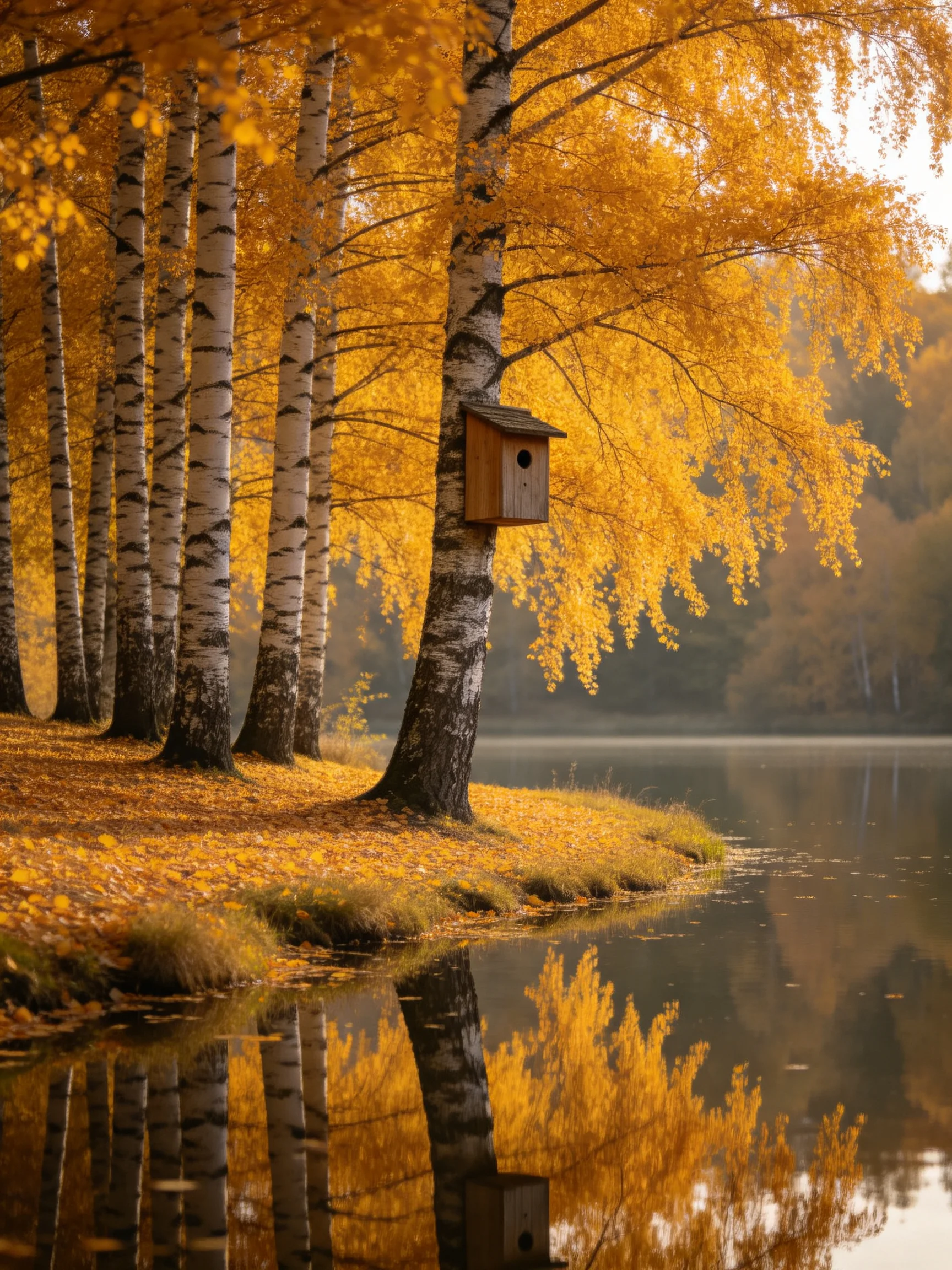 Golden Birch Grove by a Reflective Lake with Birdhouse