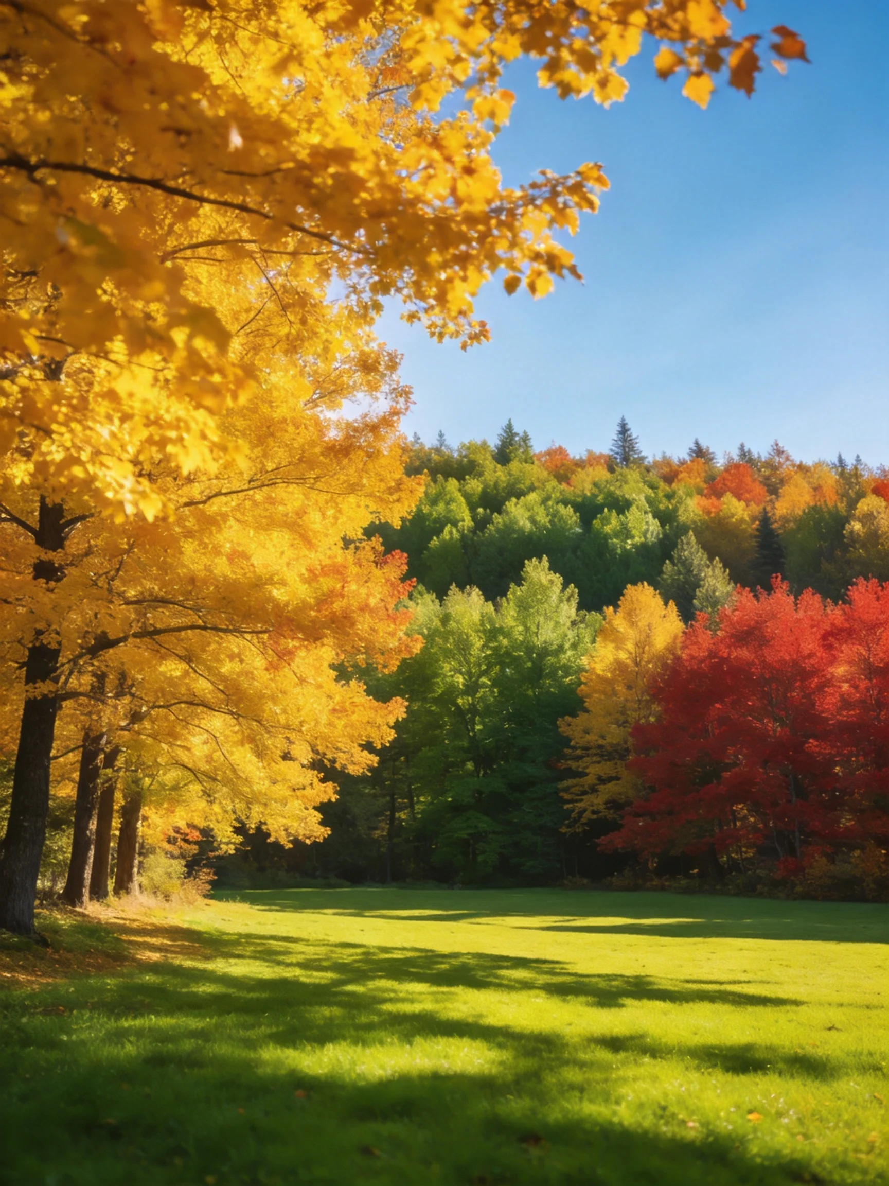 Golden, Crimson, and Green Autumn Trees Over Sunlit Meadow