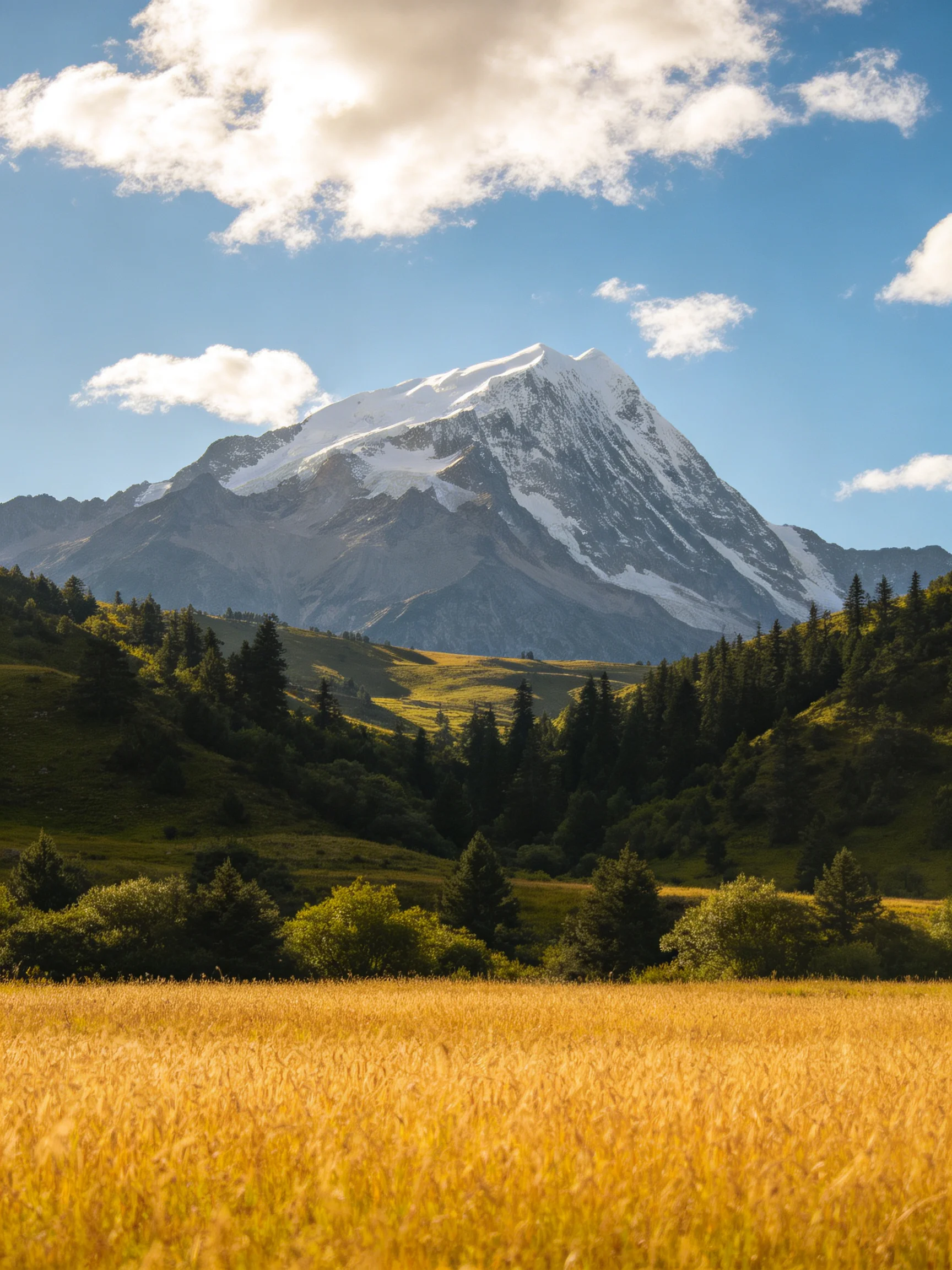 Golden Field Under Majestic Snow-Capped Mountain