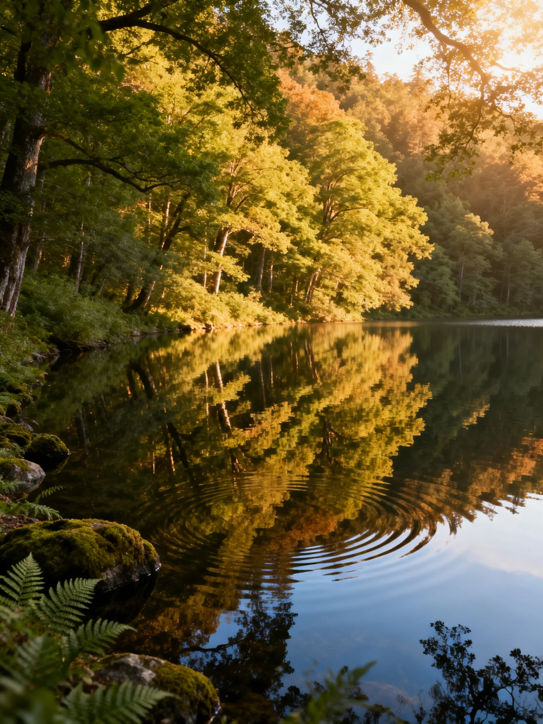 Golden Forest Reflections on a Calm Lake with Moss-Covered Rocks