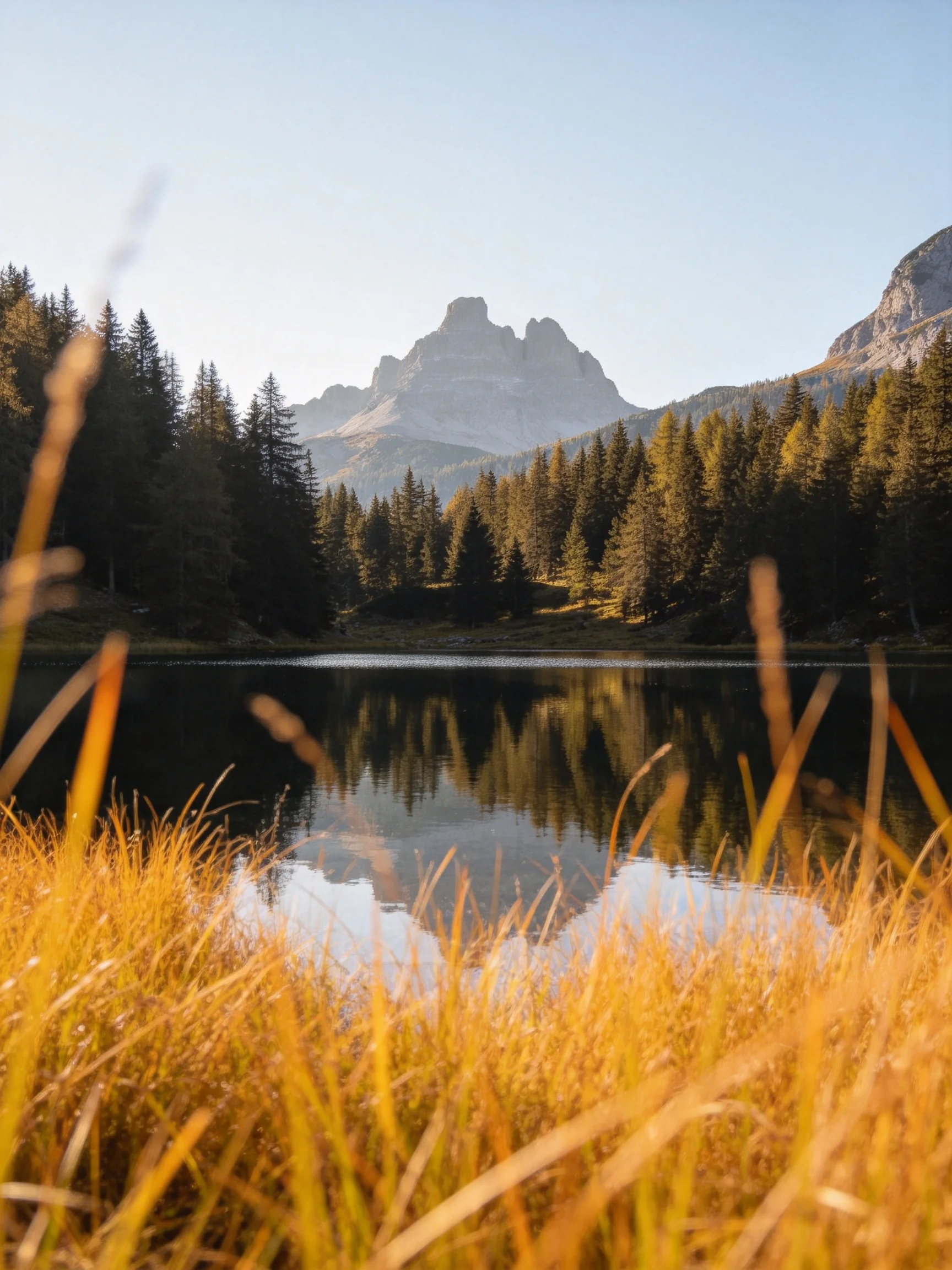 Golden Grasses Frame a Reflective Lake Near Majestic Mountains