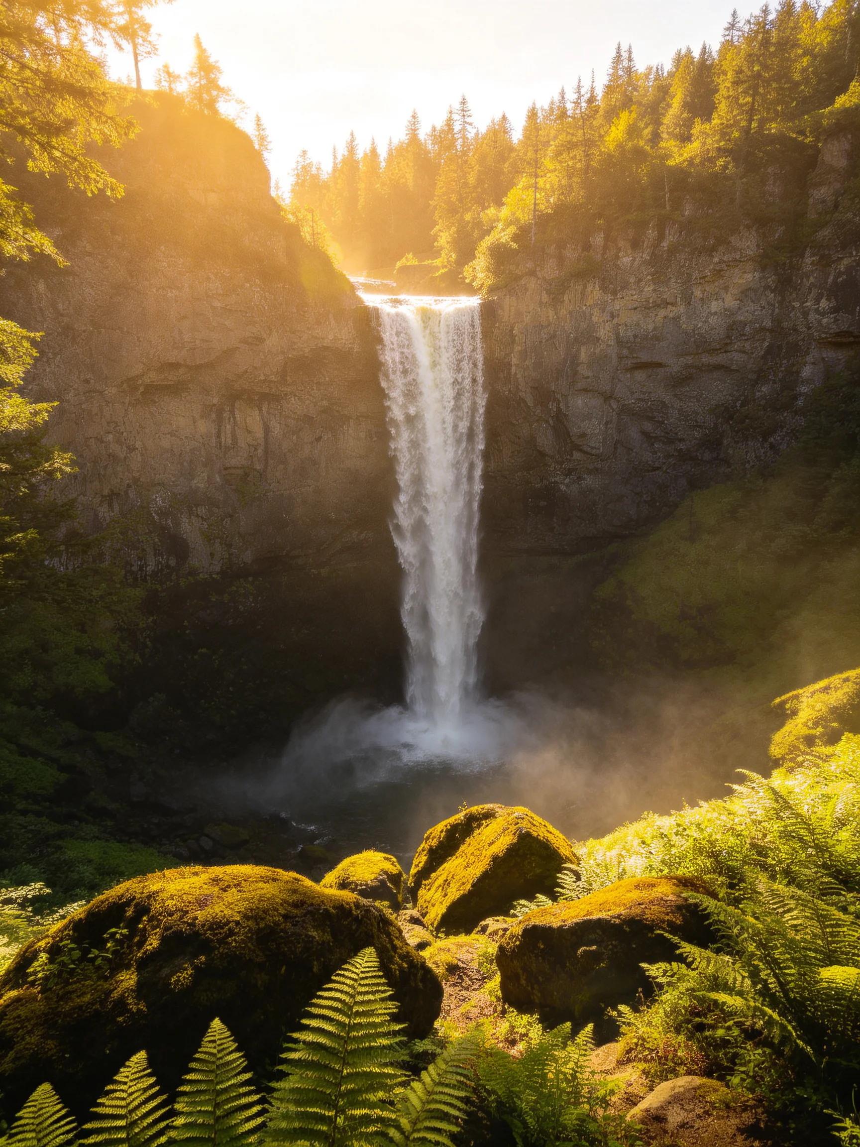 Golden Hour Illuminates Moss-Covered Waterfall and Ferns