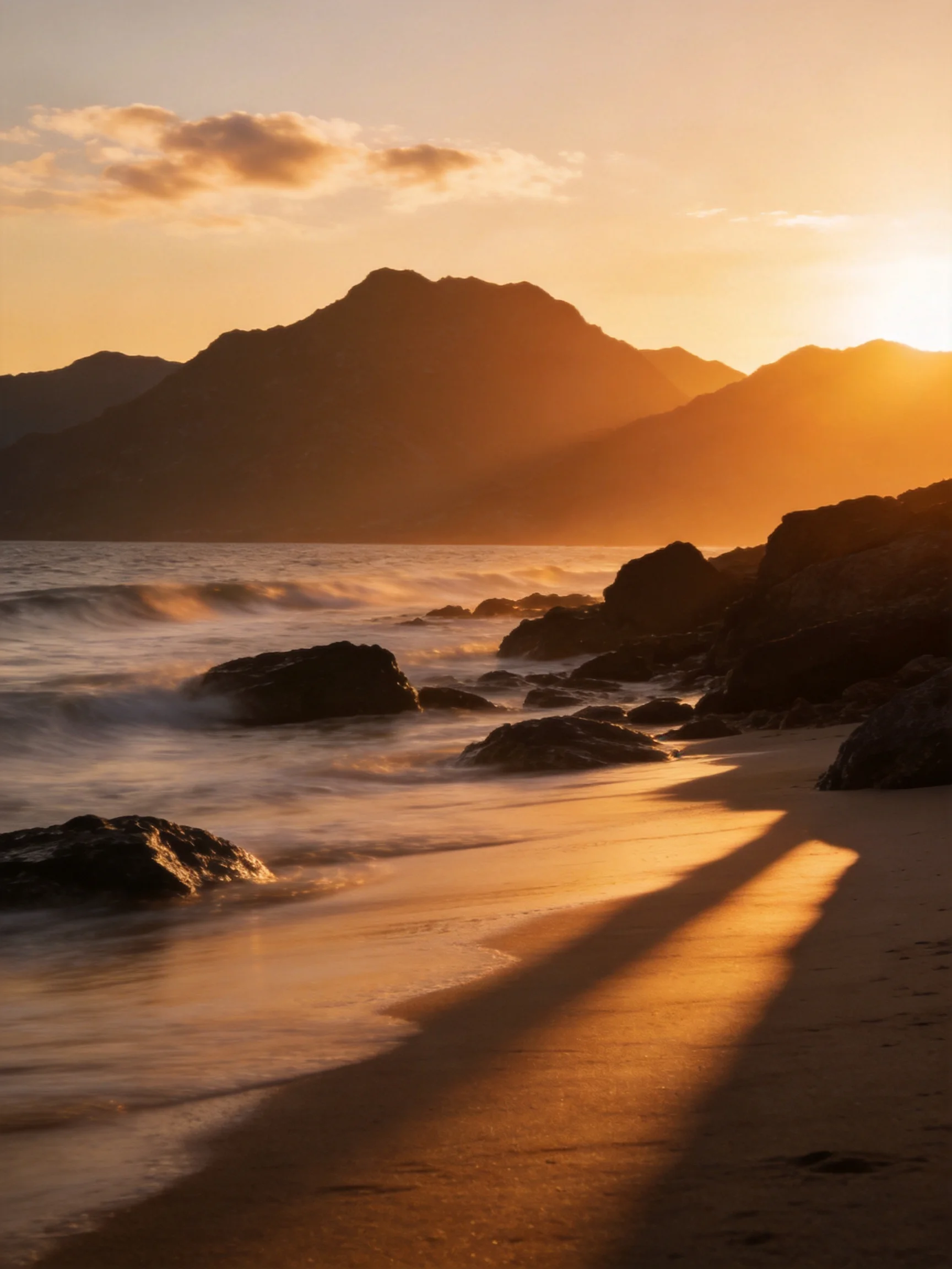 Golden Hour Lighting on Rocky Coastal Shore with Mountain Silhouettes