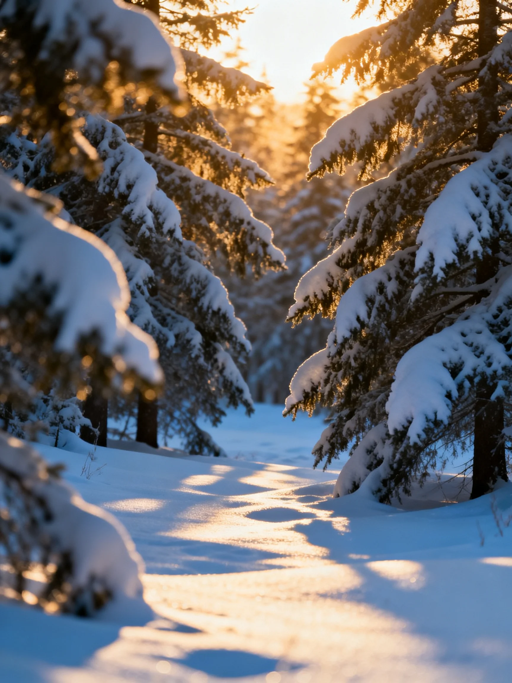 Golden Hour Lights Snow-Laden Pine Trees Along Forest Path