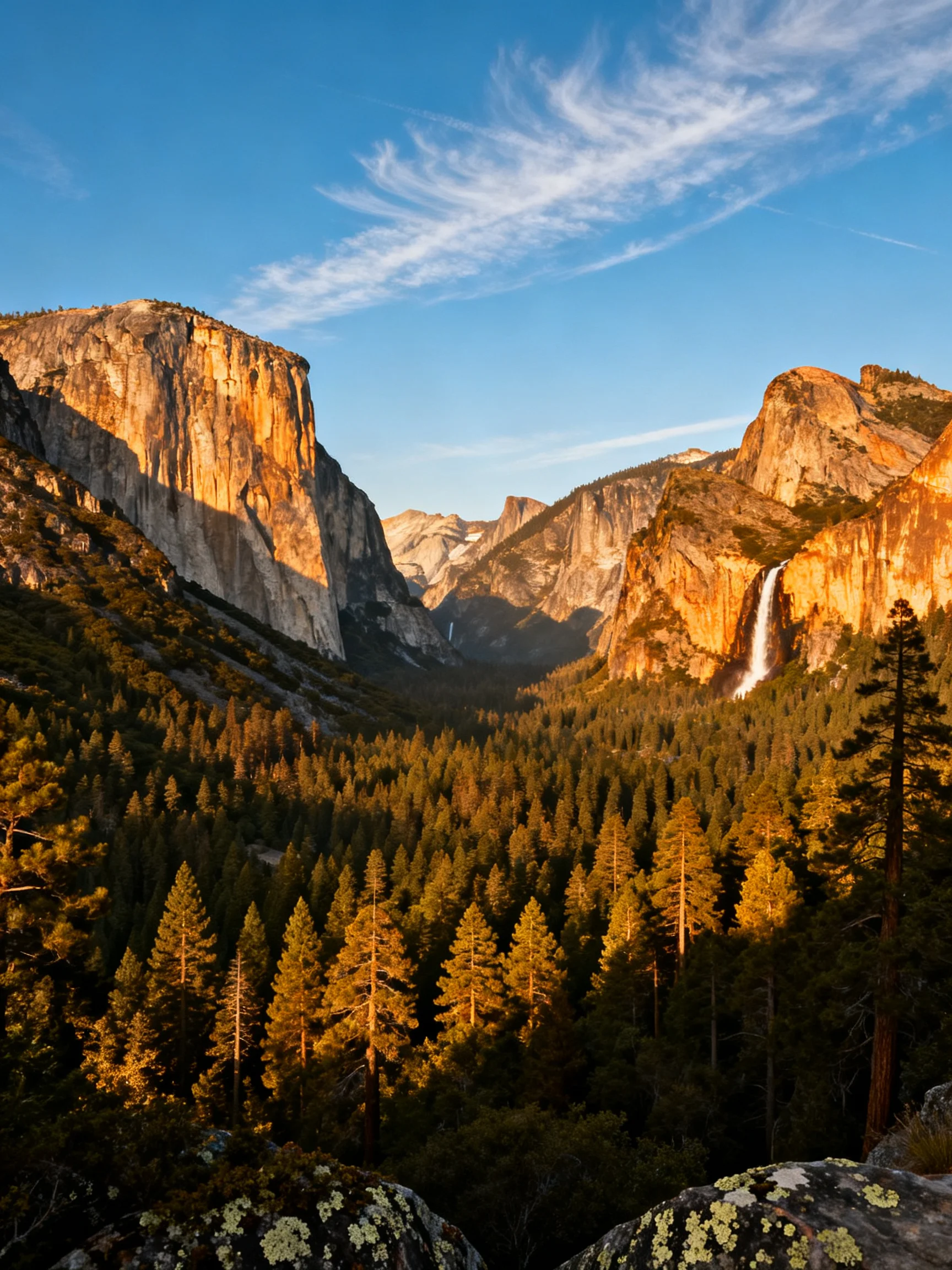 Golden Hour Lights Yosemite Valley’s Cliffs, Forests, and Waterfall