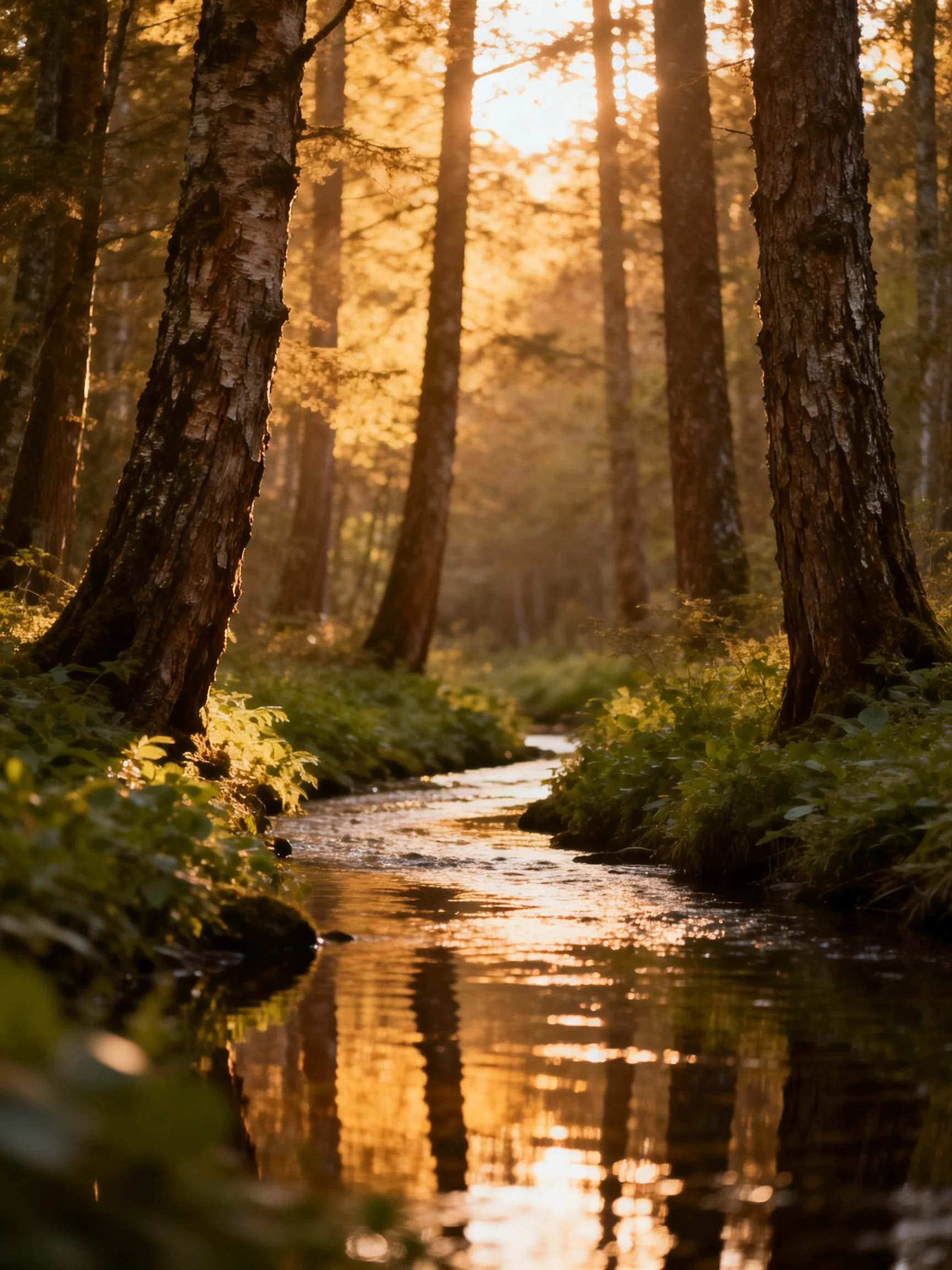 Golden Hour Stream Flows Through Dense Forested Woods