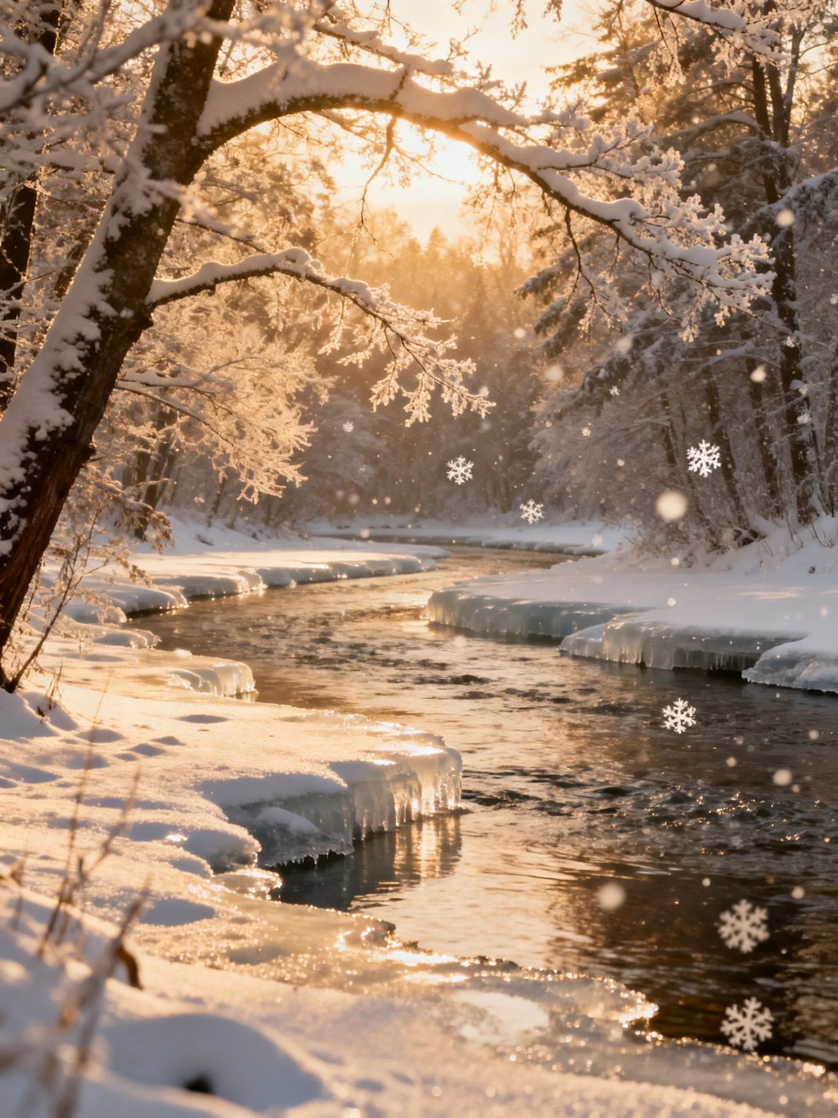 Golden-Hued Winter Scene with Snow-Covered Trees and Flowing River