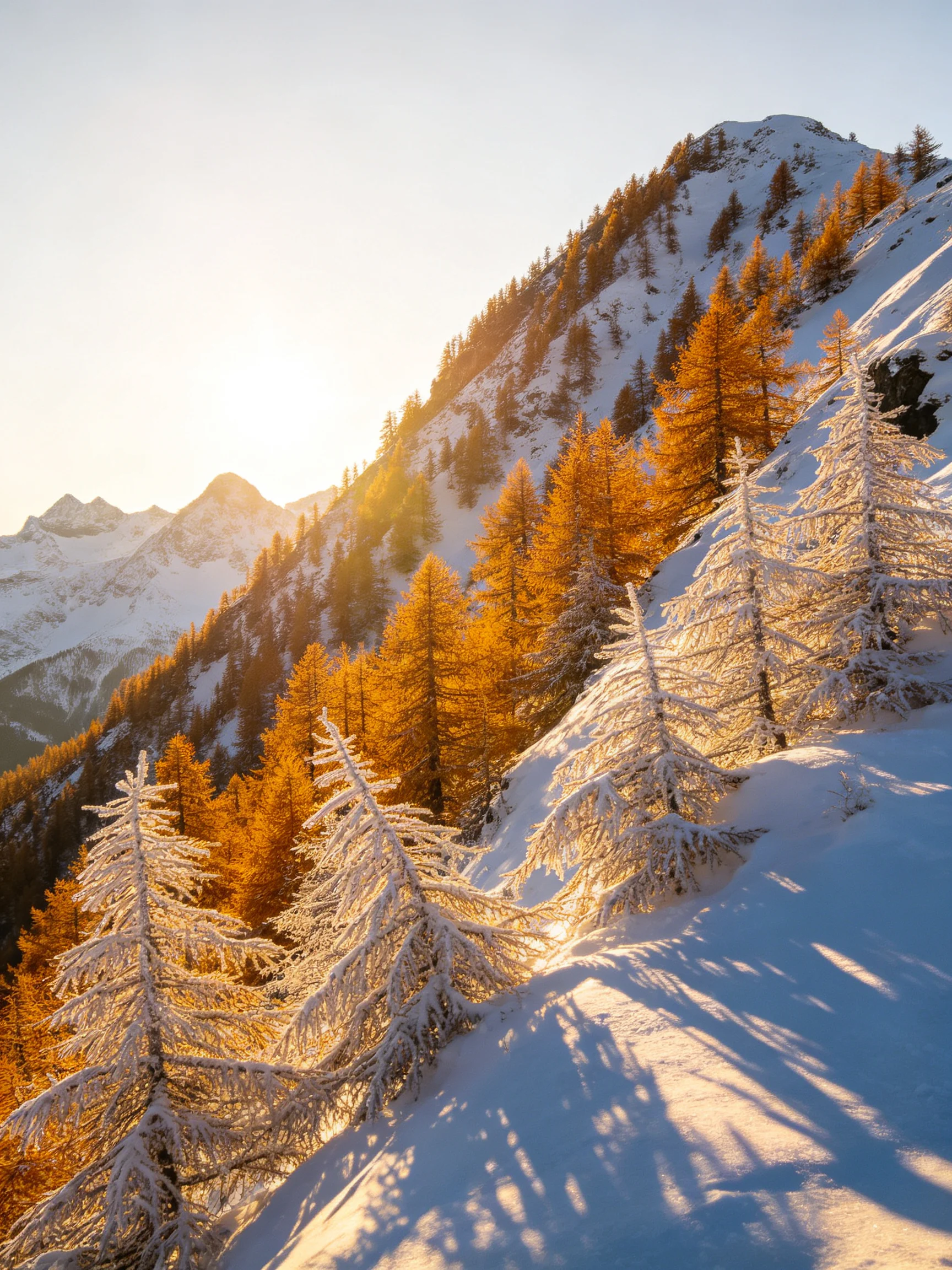 Golden Larch Trees Among Snow-Covered Mountain Peaks