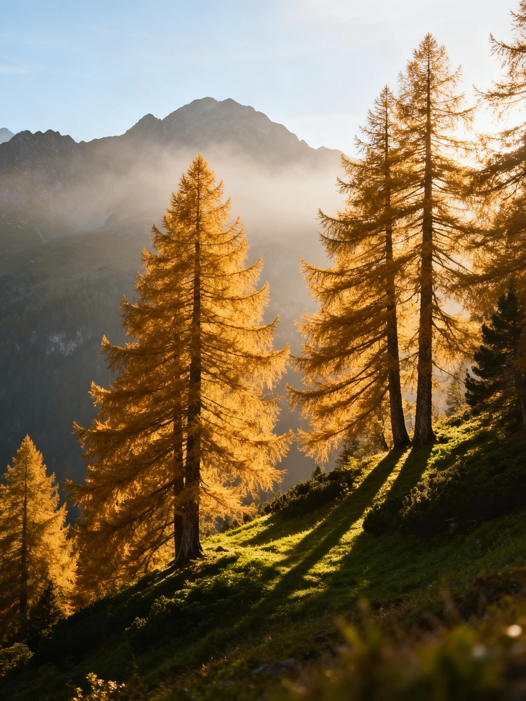 Golden Larch Trees on a Misty Mountain Slope