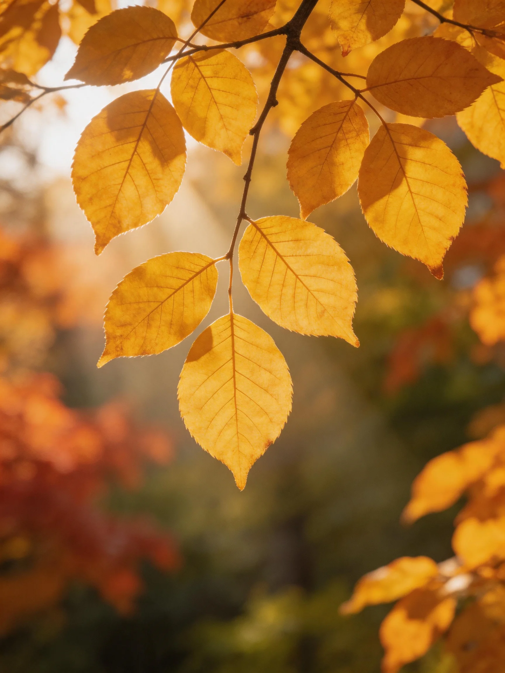 Golden Leaves Adorn Branches Under Warm Autumn Light