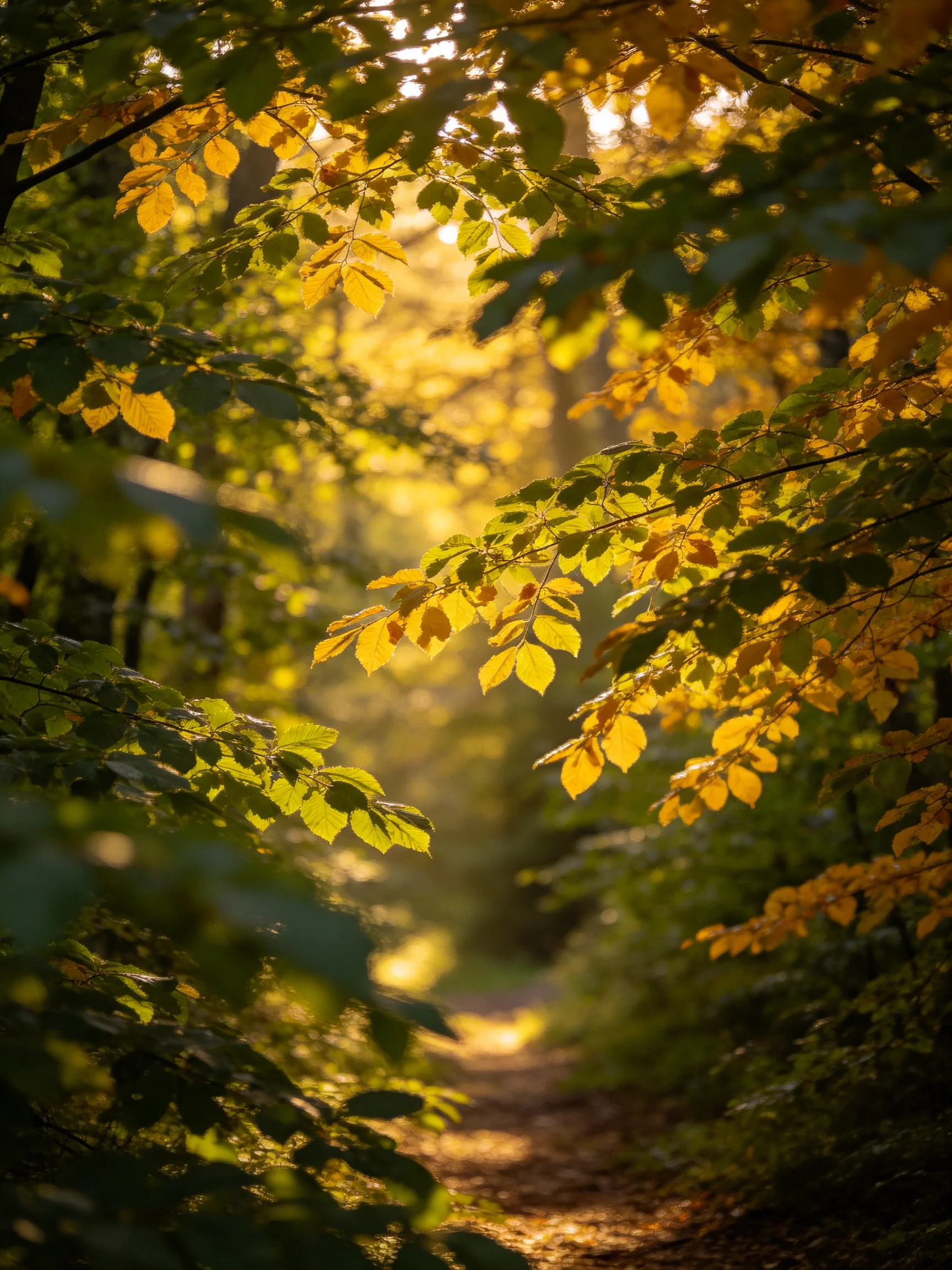 Golden Leaves Frame a Sunlit Forest Pathway