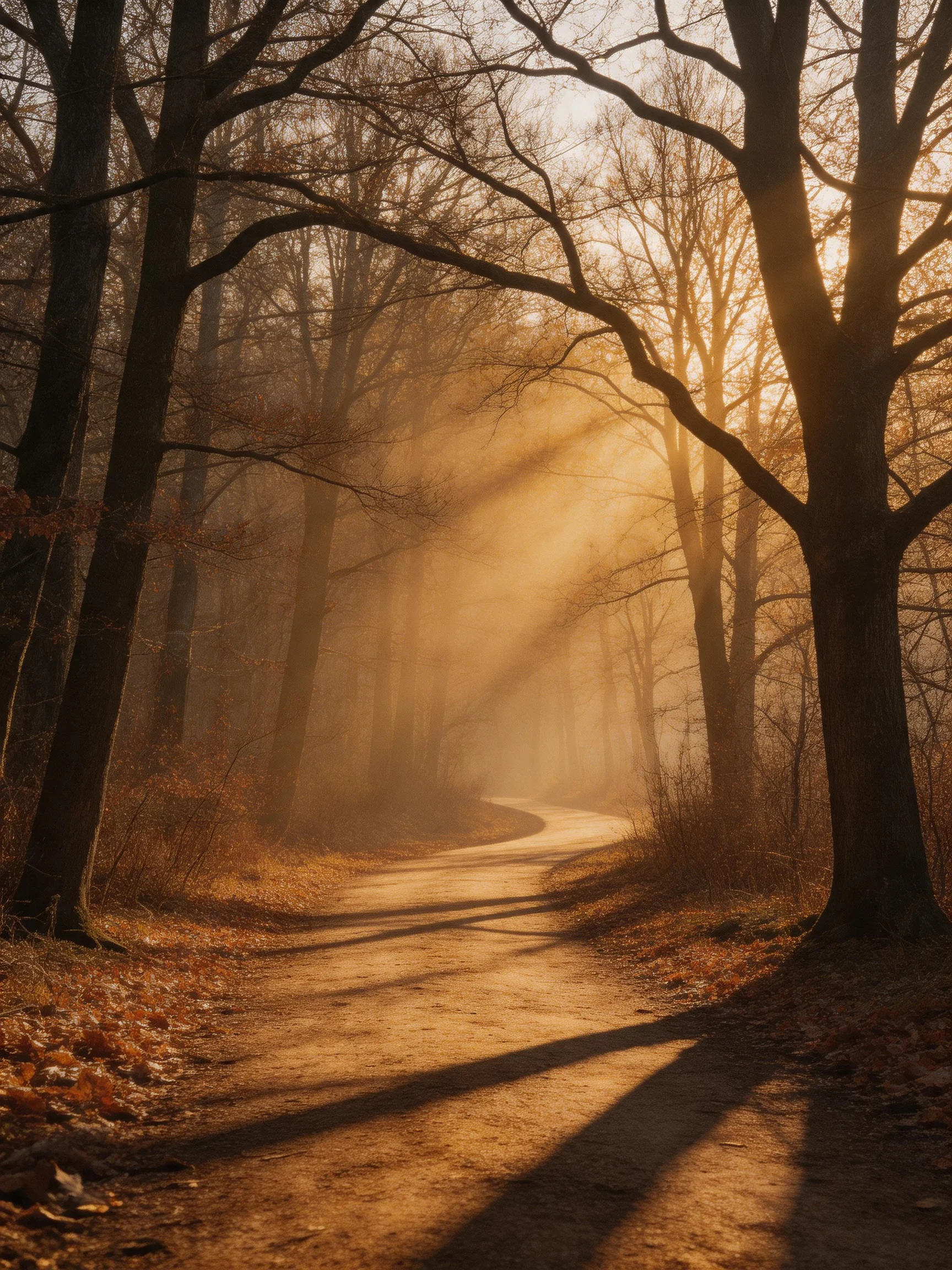 Golden Light Bathes Autumnal Forest Dirt Trail