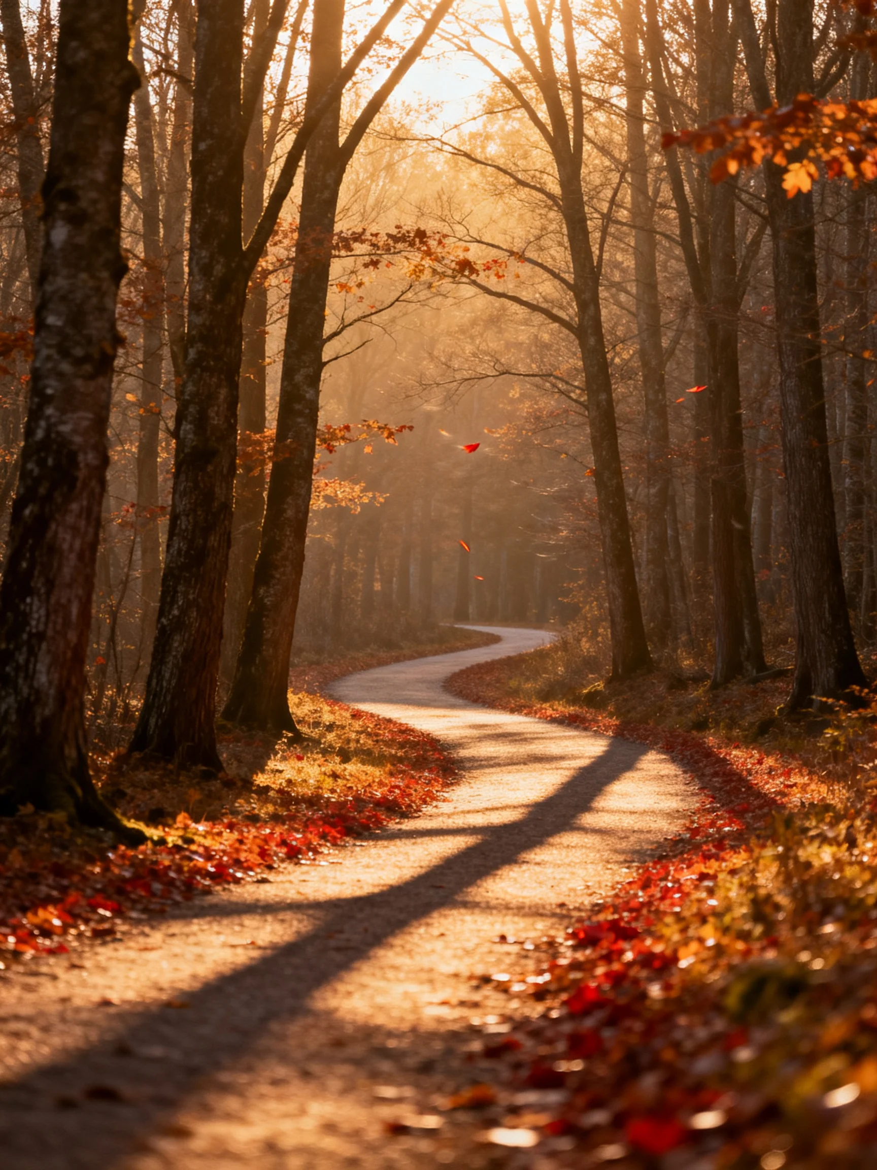 Golden Light Drenches a Winding Forest Path With Red and Orange Leaves