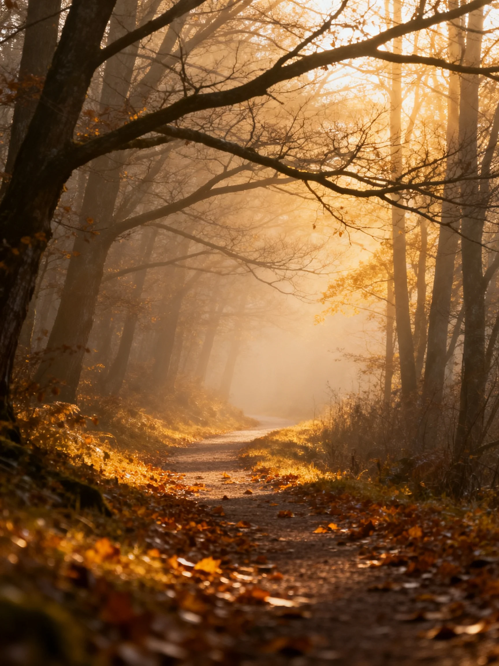 Golden Light Filters Through Autumn Forest Pathway