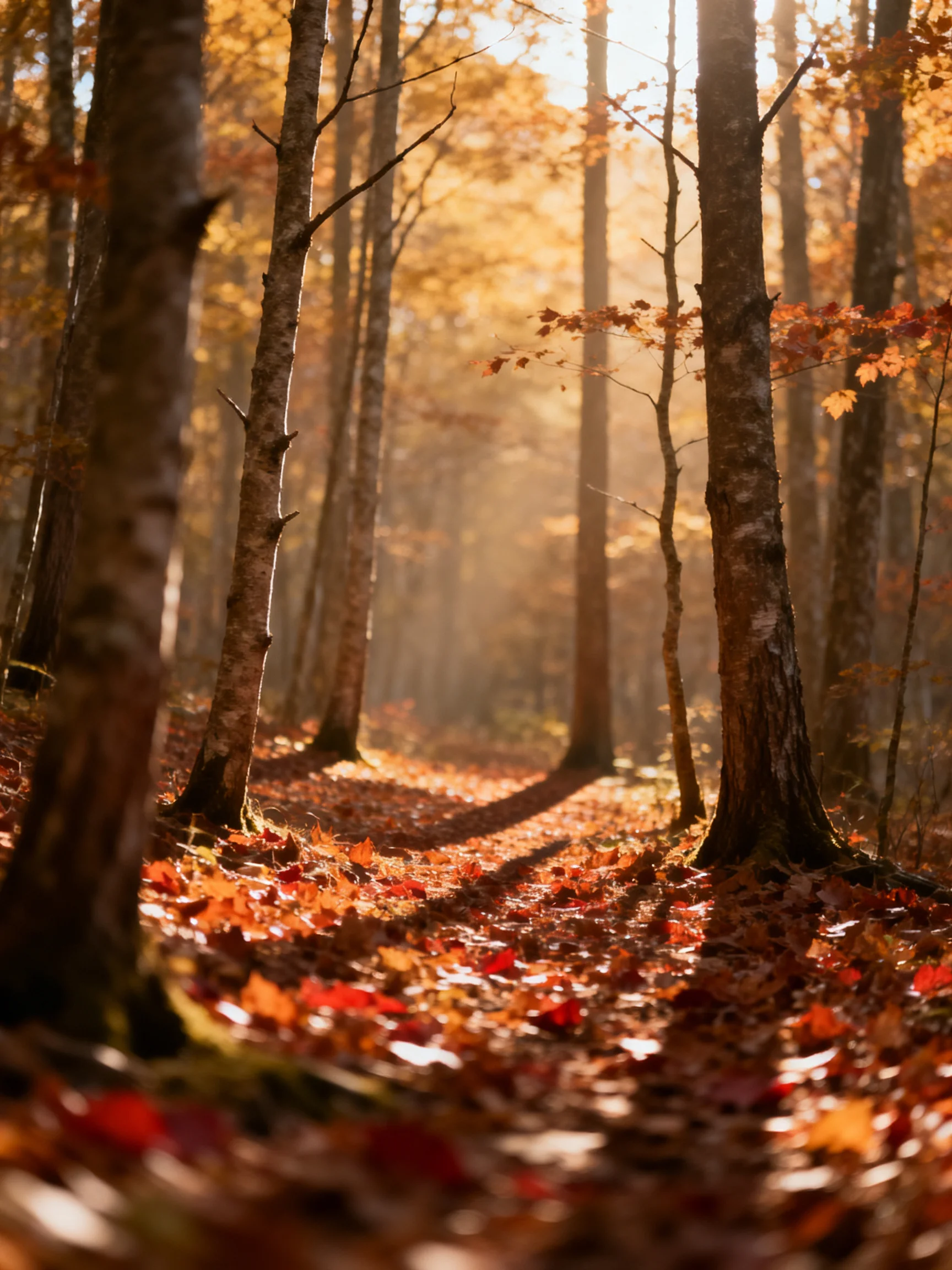 Golden Light Filters Through Autumn Forest With Red and Orange Fallen Leaves