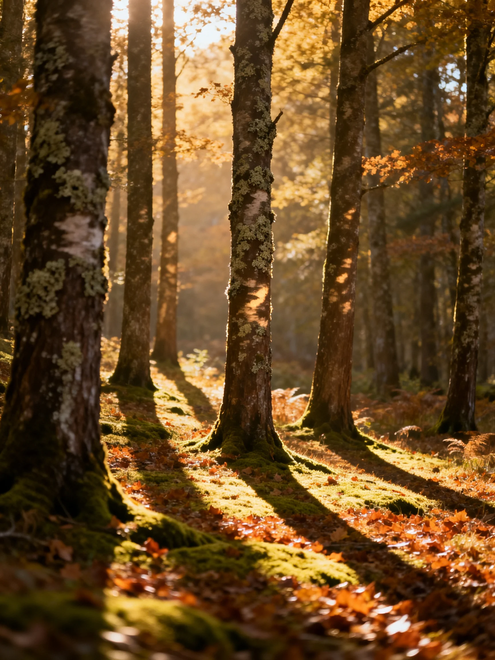 Golden Light Filters Through Autumn Forest with Tall Moss-Covered Trees