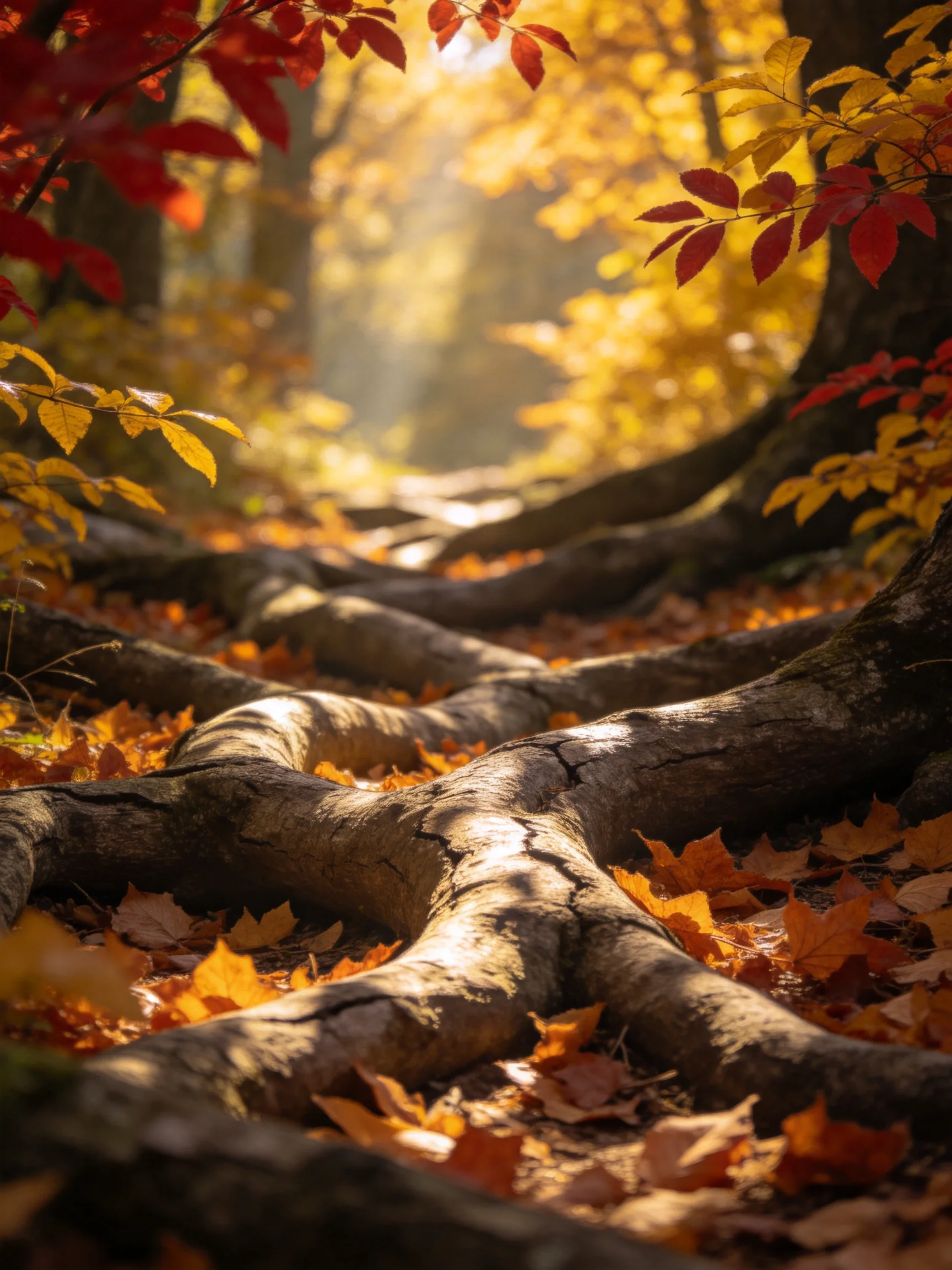 Golden Light Filters Through Autumn Leaves Among Large Tree Roots